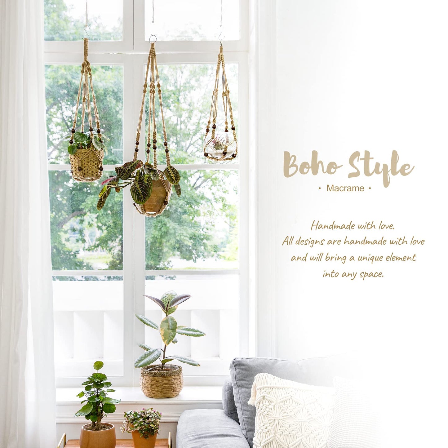Mkono Macrame Plant Hangers Indoor Jute Hanging Planter Basket and Ceiling Hooks, Wood Beads Decorative Flower Pot Holder for Indoor Outdoor Boho Home Decor,Brown