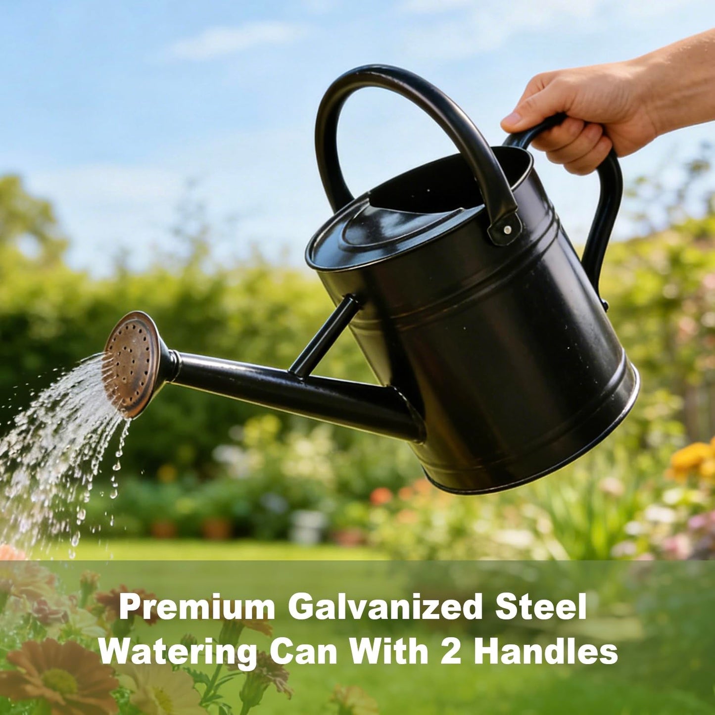 Watering Can for Outdoor&Indoor Plants,1 Gallon Metal Watering Can with with Removable Spout,Galvanized Steel Garden Flower Water Can Plant Watering Pot with 2 Handles,Black