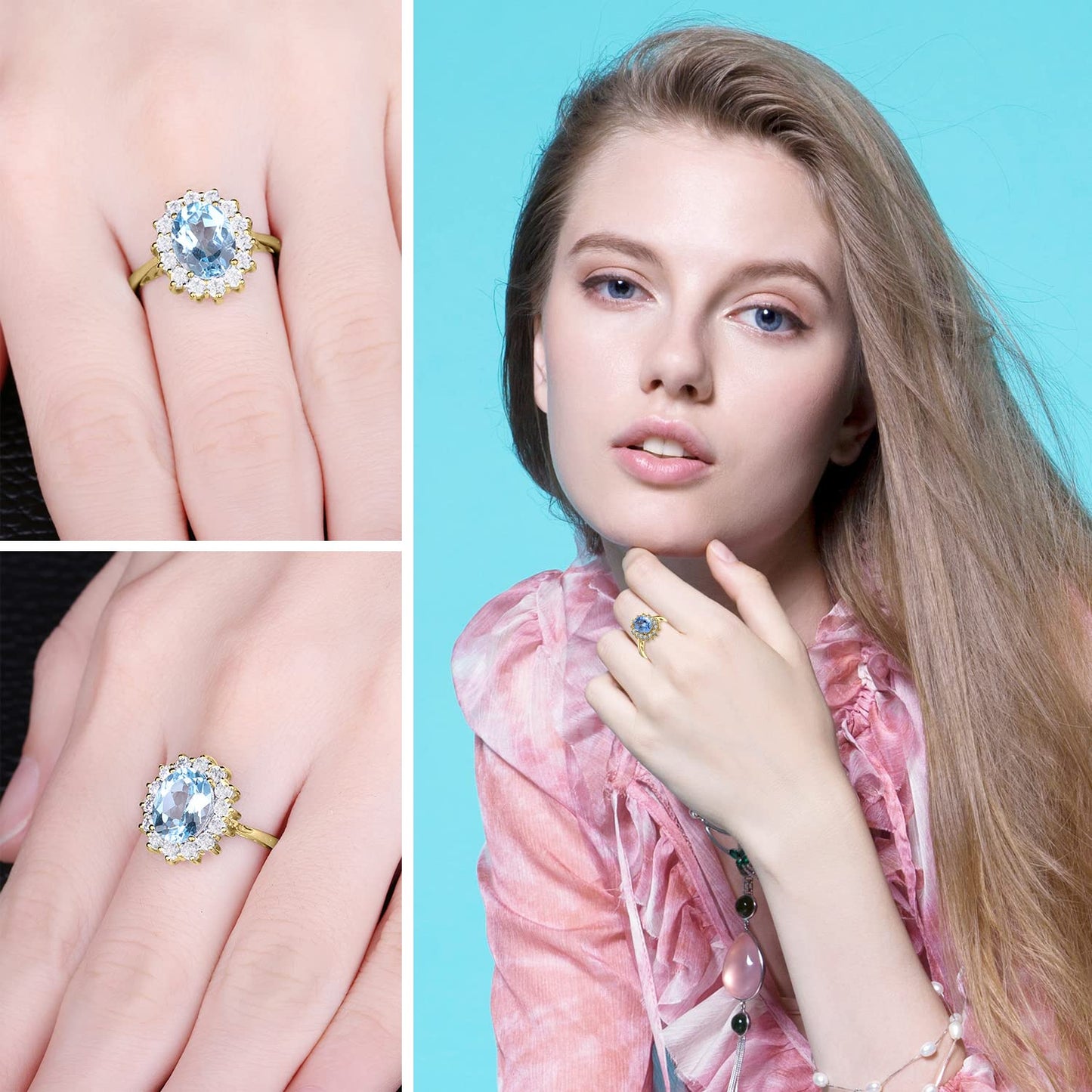 JewelryPalace Princess Diana Kate Middleton Gemstone Birthstone Blue Topaz Halo Statement Engagement Rings for Women, 14K Yellow Gold Plated 925 Sterling Silver Promise Rings for Her Size 10.5
