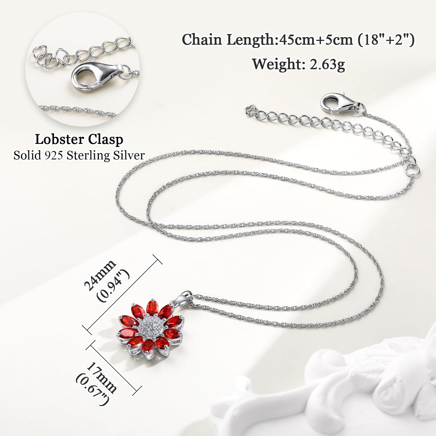 RANDES 925 Sterling Silver Sunflower Necklace Dainty Garnet Red Flower Necklaces for Women January Birthstone Necklace