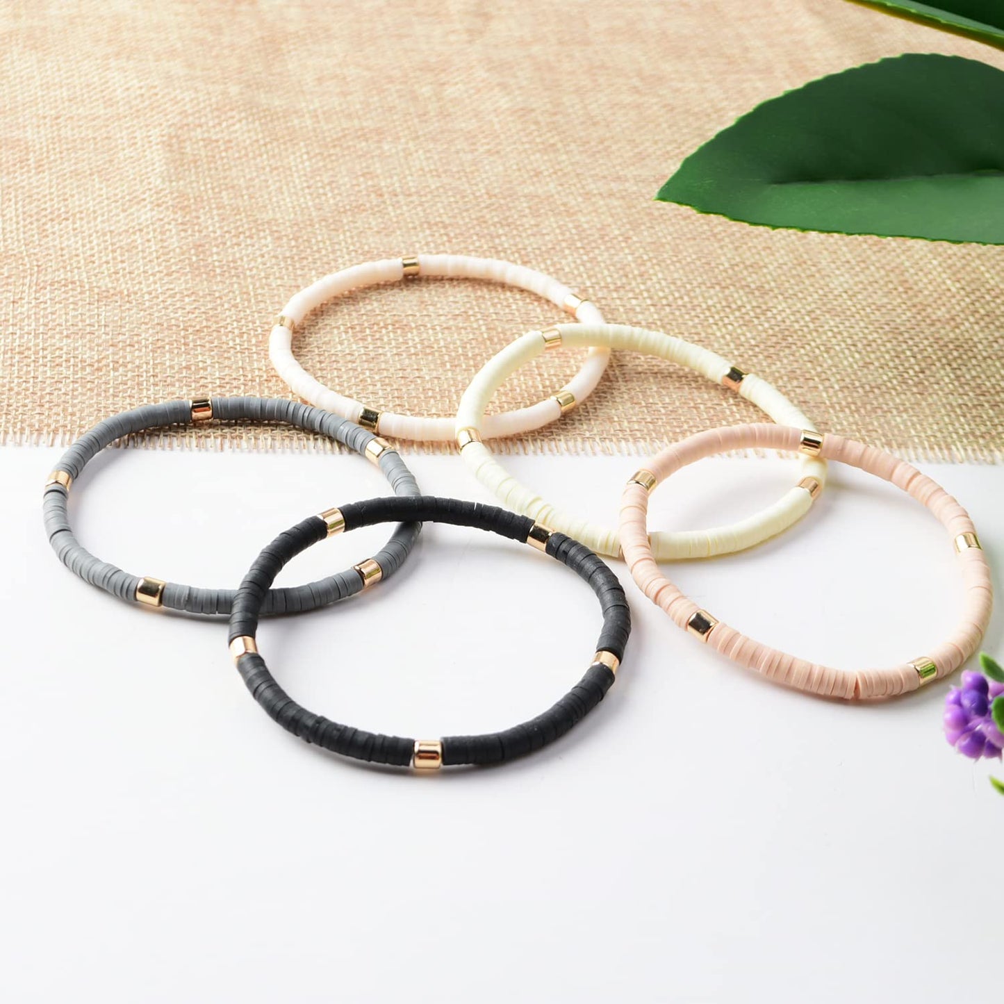 GOOJIDS Surfer Heishi Clay Bead Bracelets for Women Bohemian Stackable Gold Plated Beaded Stretch Bracelets Elastic Layering Friendship Bracelets Set Boho Jewelry