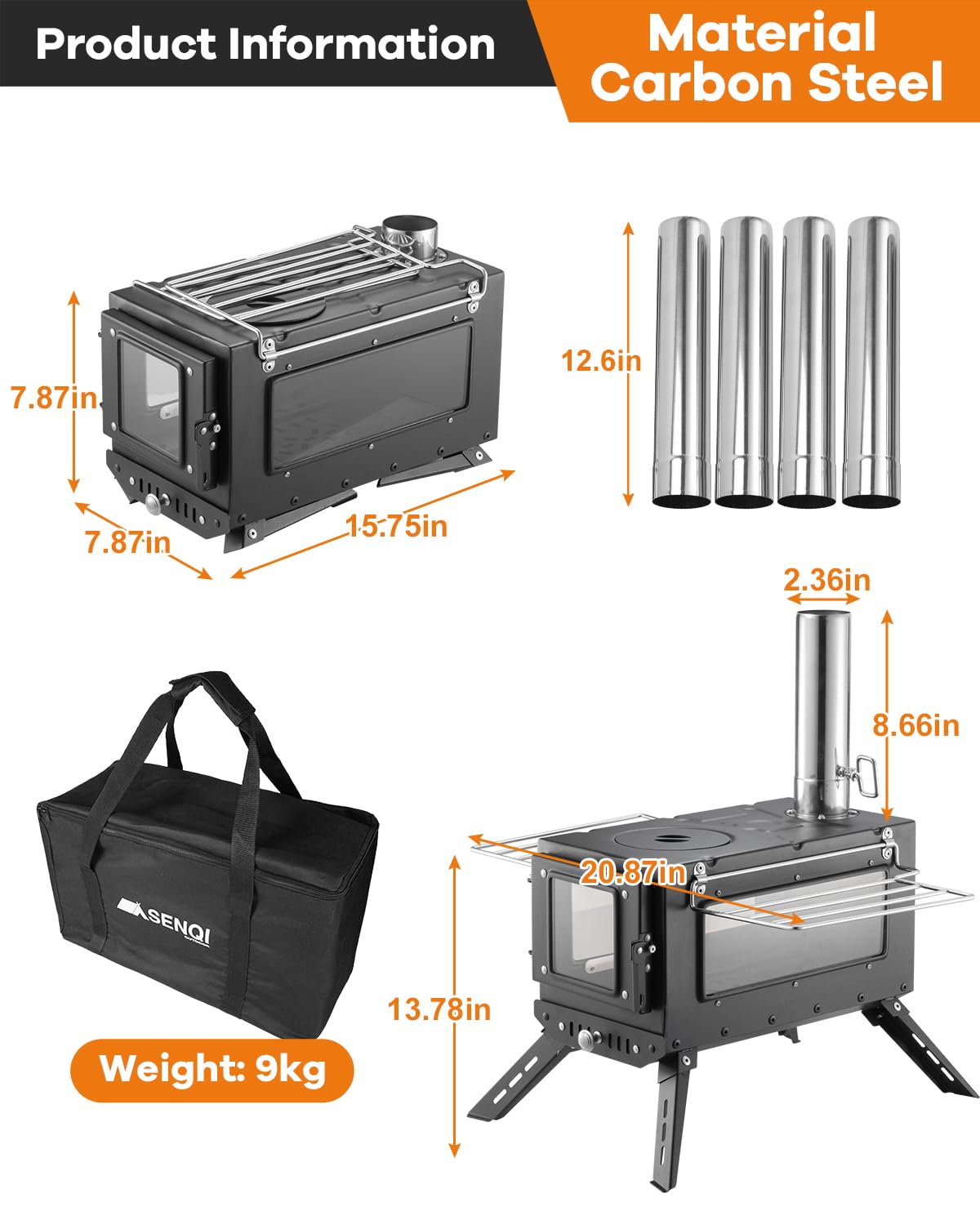 Camping Wood Stove,Wood Burning Tent Stove,Portable Hot Tent Stove for Camping, Hunting, Ice Fishing,Cooking,Shelter (Black)