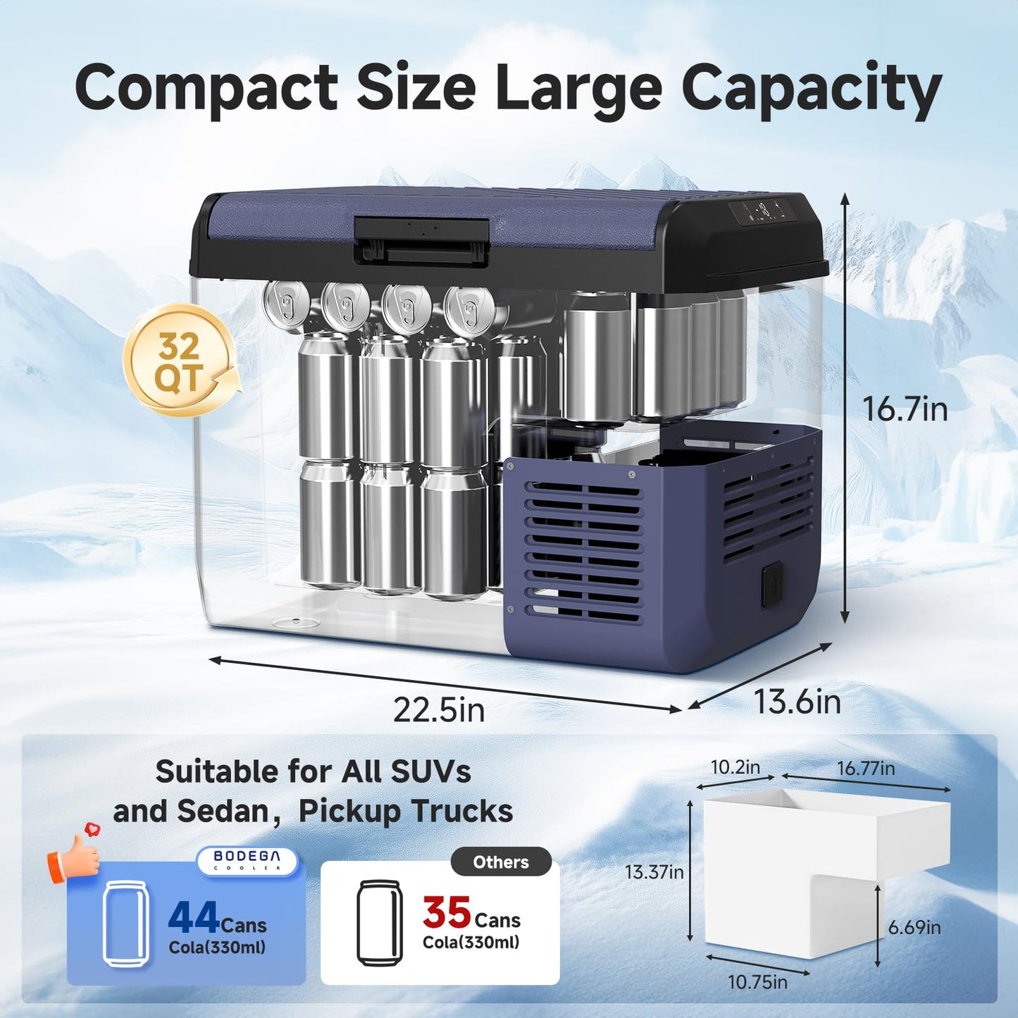 BODEGA 12 volt Car Refrigerator -32 QT Portable Freezer IPX4 Waterproof Car Fridge Electric Cooler Ultra-Quiet for Truck Van Camping Travel 12/24V DC 110~240 Volt AC,-4โ~68โ