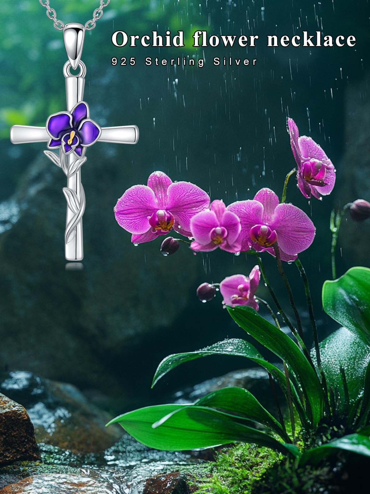 Cargari Orchid Cross Necklace for Women 925 Sterling Silver Birth Flower Cross Pendant Orchid Necklace Jewelry Floral Gifts for Women