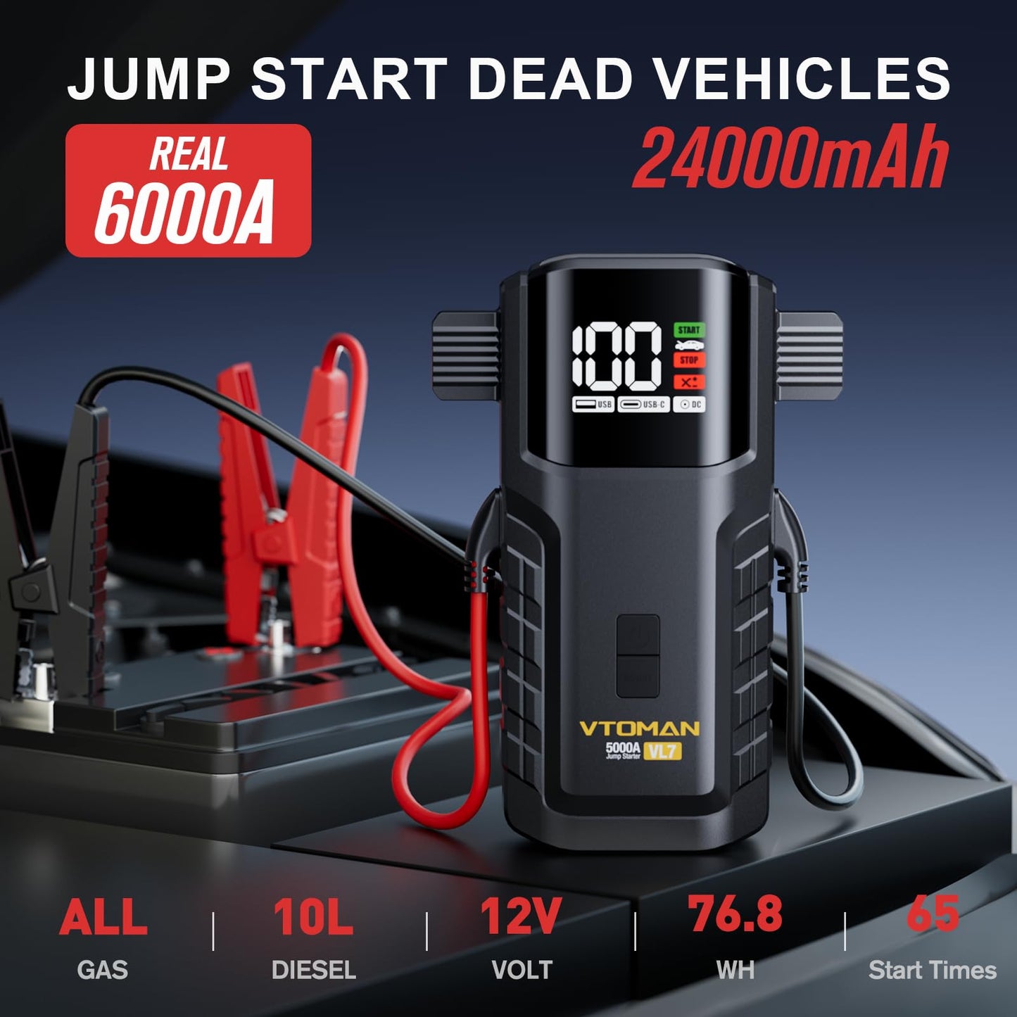 VTOMAN VL7 6000A Jump Starter Upgraded with LiFePO4 Battery,24000mAh Portable Car Battery Booster (All Gas/10L Diesel),12V Jump Box Power Pack with USB-A,Type-C & DC Output,LED Light,EVA Bag