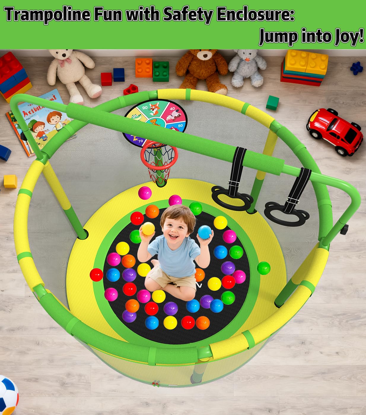 LANGXUN 60" Trampoline for Kids, 5ft Toddler Mini 6-in-1 Trampoline Indoor Outdoor with Swing, Basketball Hoop, Dart Board, Rings, Christmas Toys Birthday Gifts for Girls Boys