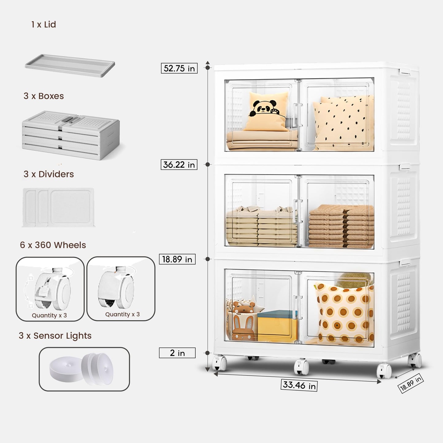 FINCHESCLUB 568QT/141Gal XL Stackable Storage Bins with Lids, Foldable Storage Bins with Doors, Wheels, and Lights - Collapsible Closet Cabinets for Home Office, 3 Pack - White