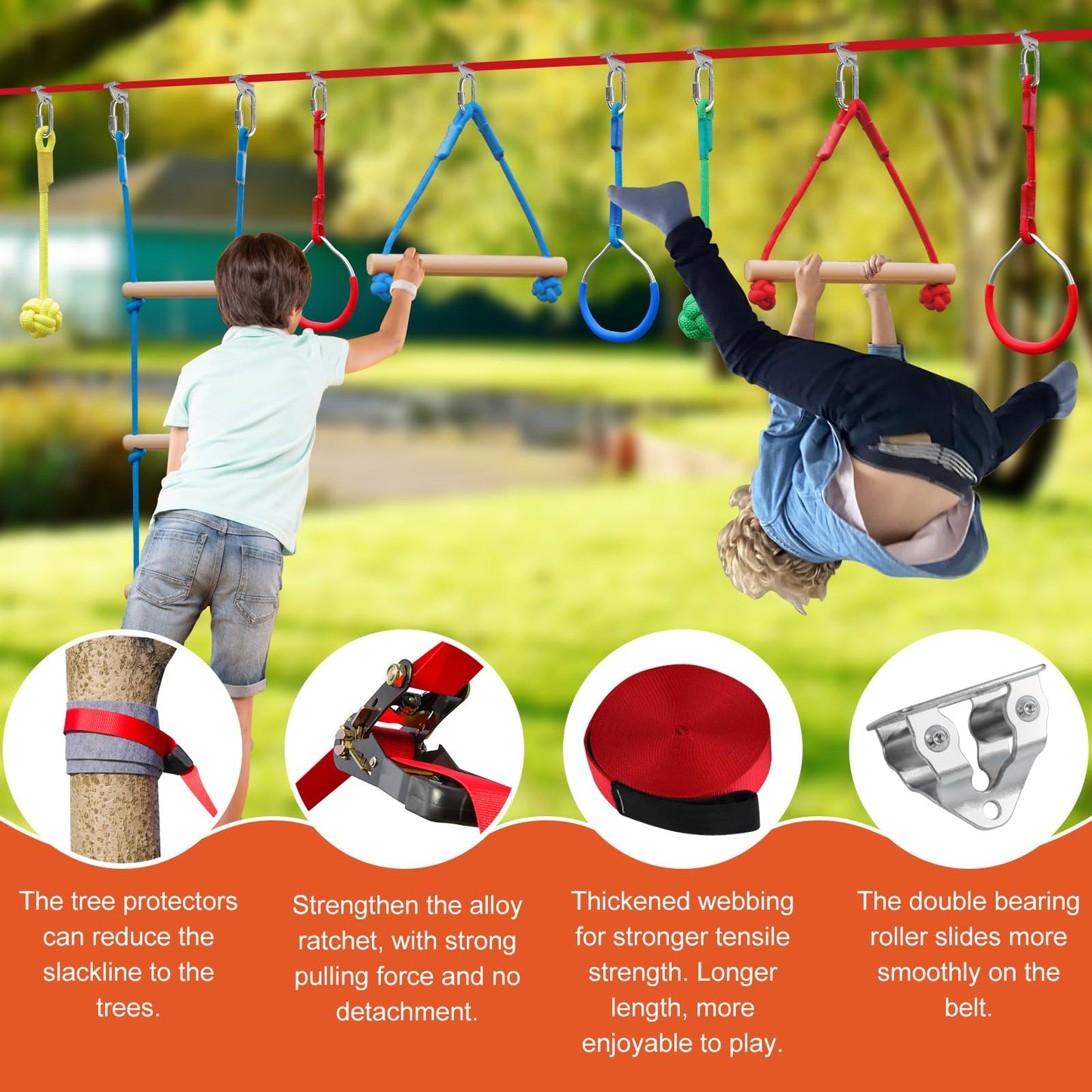 Ninja Warrior Obstacle Course for Kids,60ft Ninja Slackline-with 8 Pcs Accessories,Tree Protector & Carry Bag Ninja Course for Kids Outside-Backyard Zip Line for Kids
