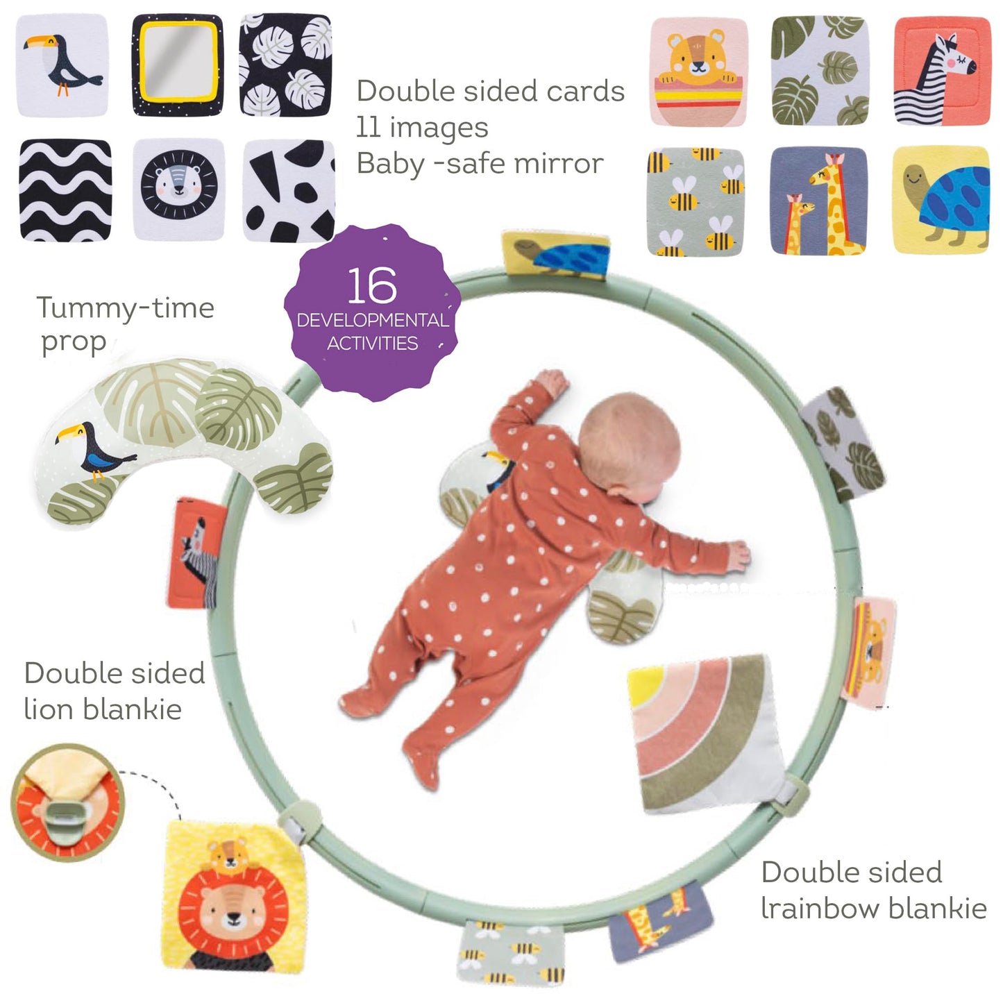 Taf Toys Tummy Time Set with Ergonomic Toy, Double-Sided High Contrast Black & White Flash Cards & Mirror Card, Developmental Baby Play Mat Accessories & Card Stands for Newborn Infant Tummy Time