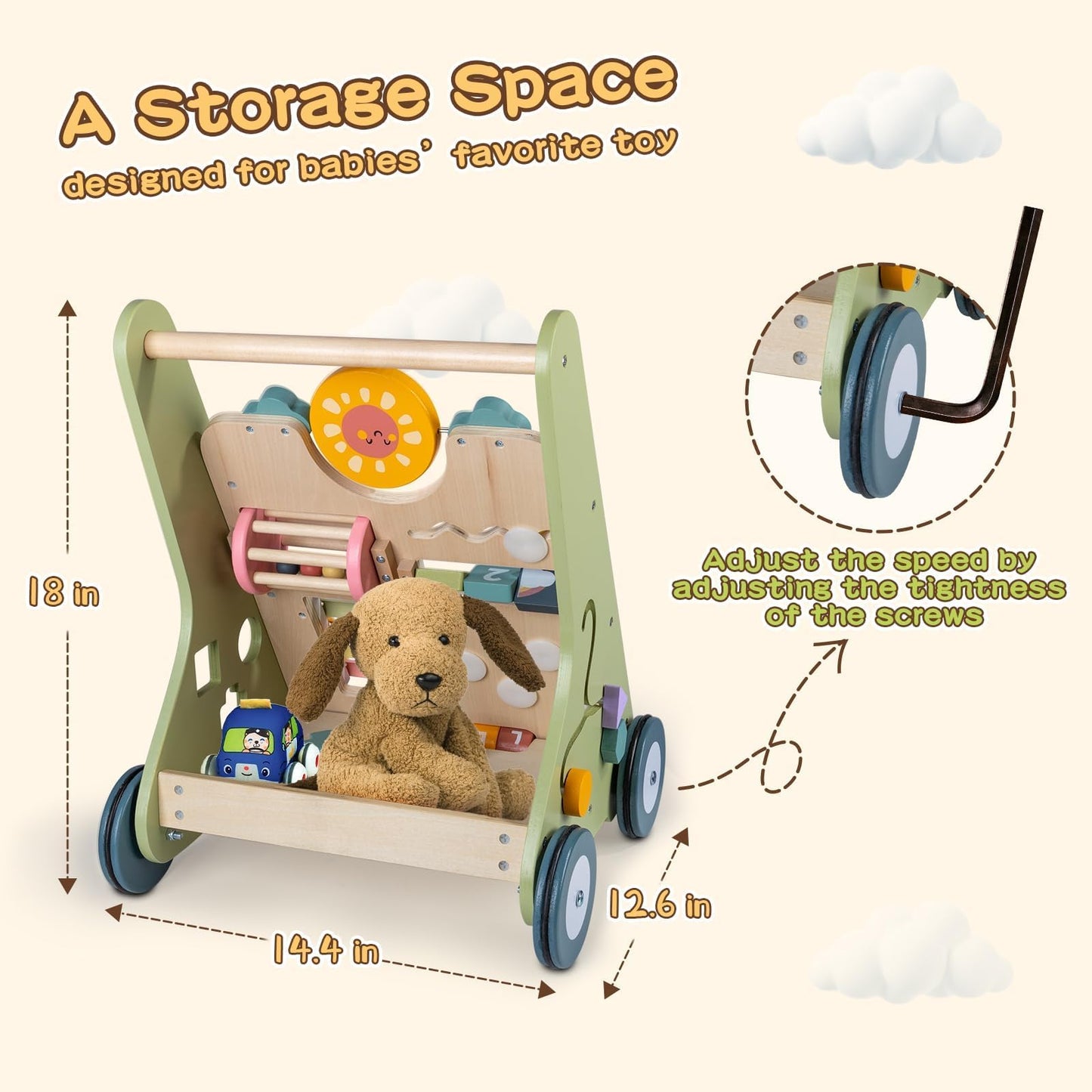 LOL-FUN Wooden Baby Walker with Wheels, Baby Walker for Boys 12 Months Push Toy, Montessori Walking Toys for 1 Year Old Activity Center