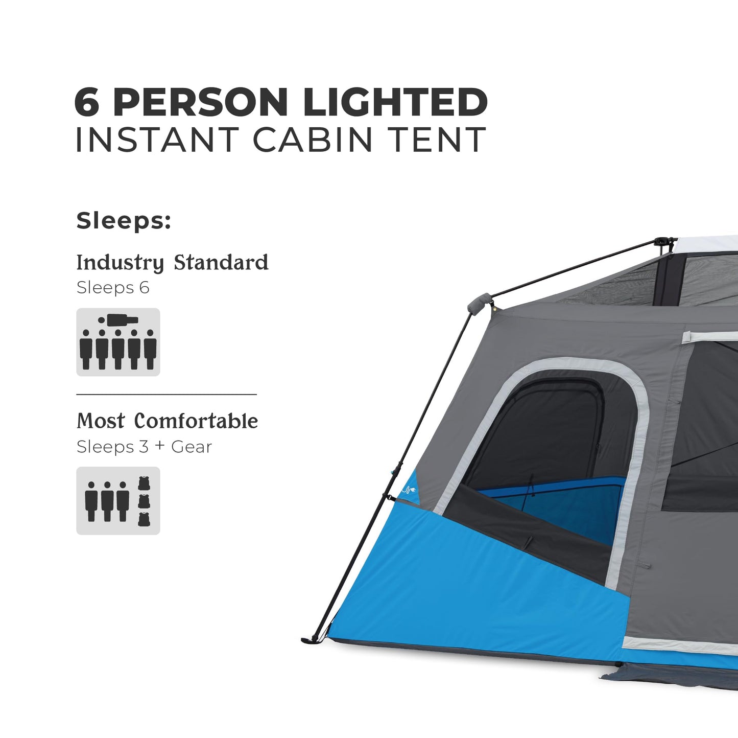 CORE 6 Person Instant Cabin Tent with LED Lights | Large Family Lighted Pop Up Tent for 60 Second Camp Setup | Included Storage Pockets for Camping Accessories