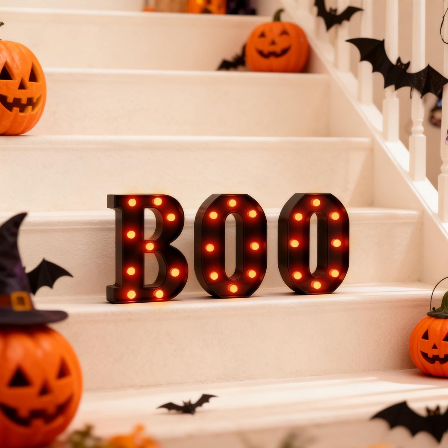 Halloween LED Marquee Letters “BOO” Set - 3 Pcs Black Alphabet Lights with Orange Glow, Perfect for Halloween, Christmas,Birthday Party, Bar Decor, Battery - Operated Ambience Lamps