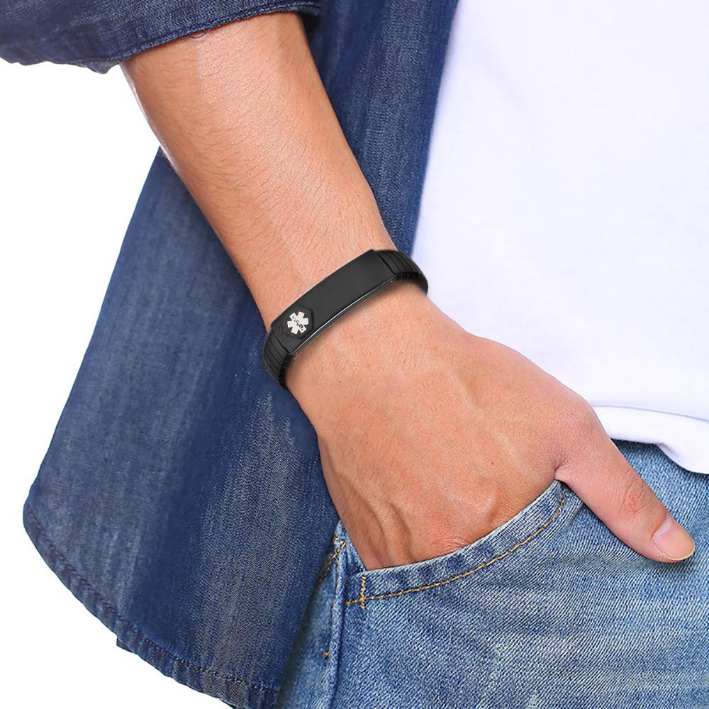 EnerMagiX Medical Alert Bracelet Men's Stainless Steel Personalized Adjustable Elastic Medical ID Bracelet 8.26'' (Black) for Diabetes, Allergies, Epilepsy, Penicillin, Writeable Cards