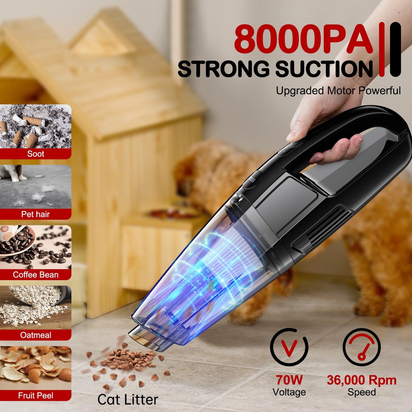 BSRCO Handheld Vacuum Cordless, 30 Min Runtime & USB-C, 8KPa Strong Suction, 1.43lbs Lightweight with LED Light, for Car Seats, Home & Pet Hair Quick Cleanup