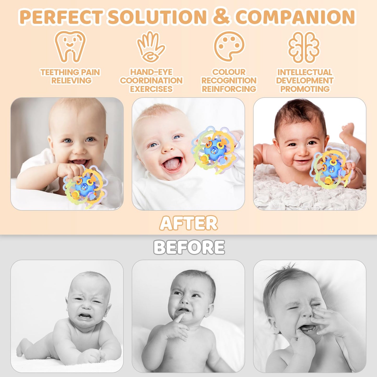 Baby Sensory Teething Toys, Baby Montessori Teether Toys for 0 3 6 9 12 18 Months, Silicone Tummy Time Toy with Rattle Ball for Newborn Infant, Learning Delopmental Gift for Boys Girls, Blue