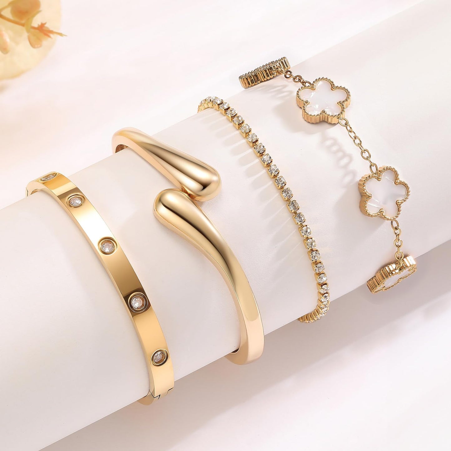Mothers Day Gifts for Mom 18K Gold-Plated Bracelet Set – Floral Clover, Tennis, Chunky Adjustable Twist Cuff, Classic Gold-plated Bangle Stainless Steel, Non Tarnish, Stackable Bracelet Gift for Women