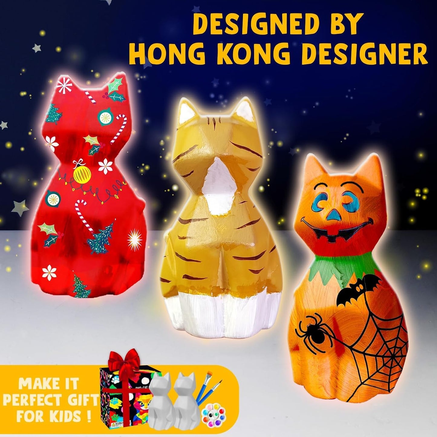 Goody King Paint Your Own Cat Lamp Kit, 2PCS DIY Cat Crafts Night Light, Easter Basket Stuffers, Arts & Crafts for Kids Ages 8-12, Painting Kit for Kids, Easter Birthday Gifts for Kids Ages 4 5 6 7 8+