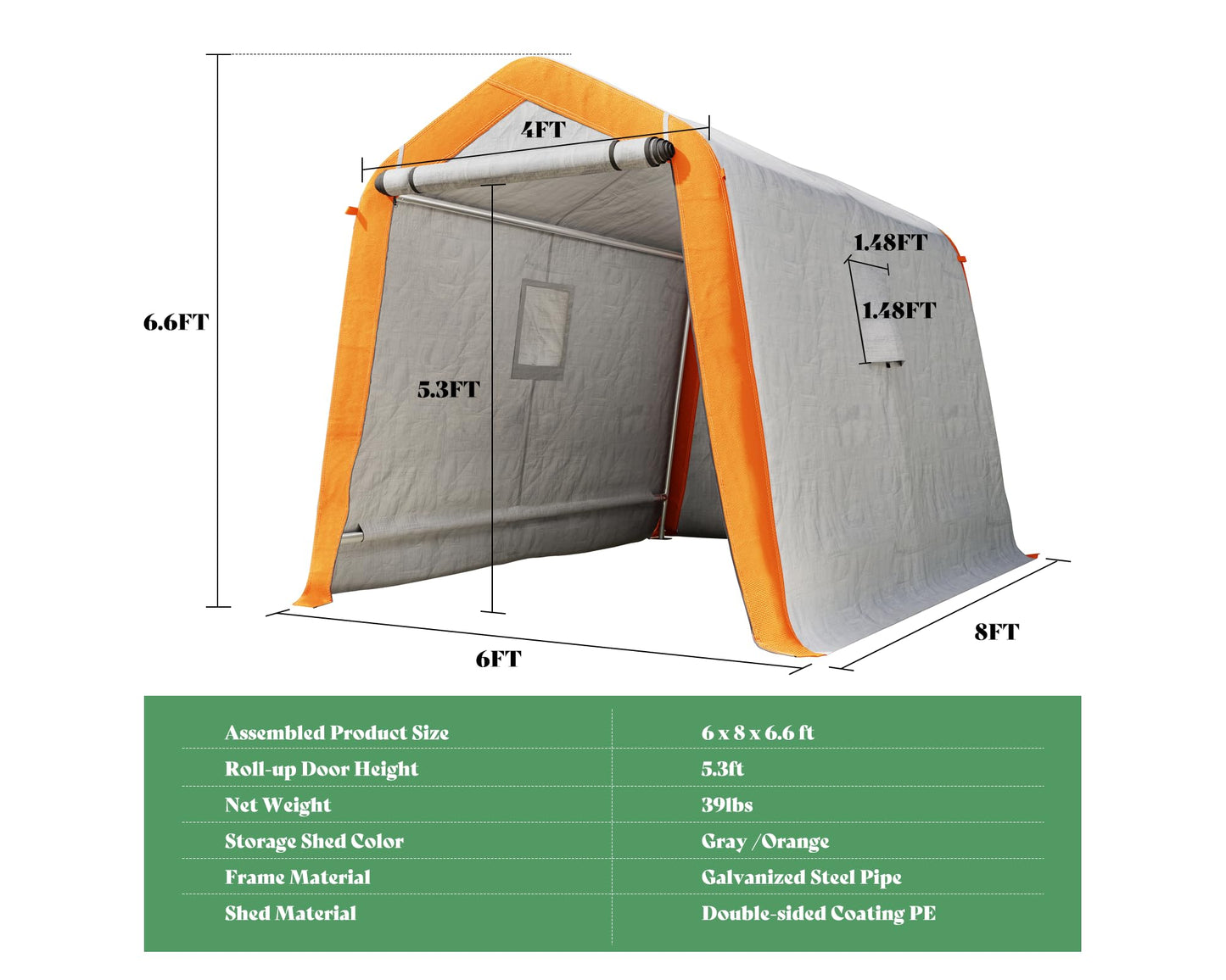 AMERLIFE 6x8x6.6 FT Heavy Duty Portable Shed Storage Shelter, Outdoor Storage Shed with 2 Waterproof Windows & Roll-Up Zipper Door, Carport for Motorcycle, Bike, Gray