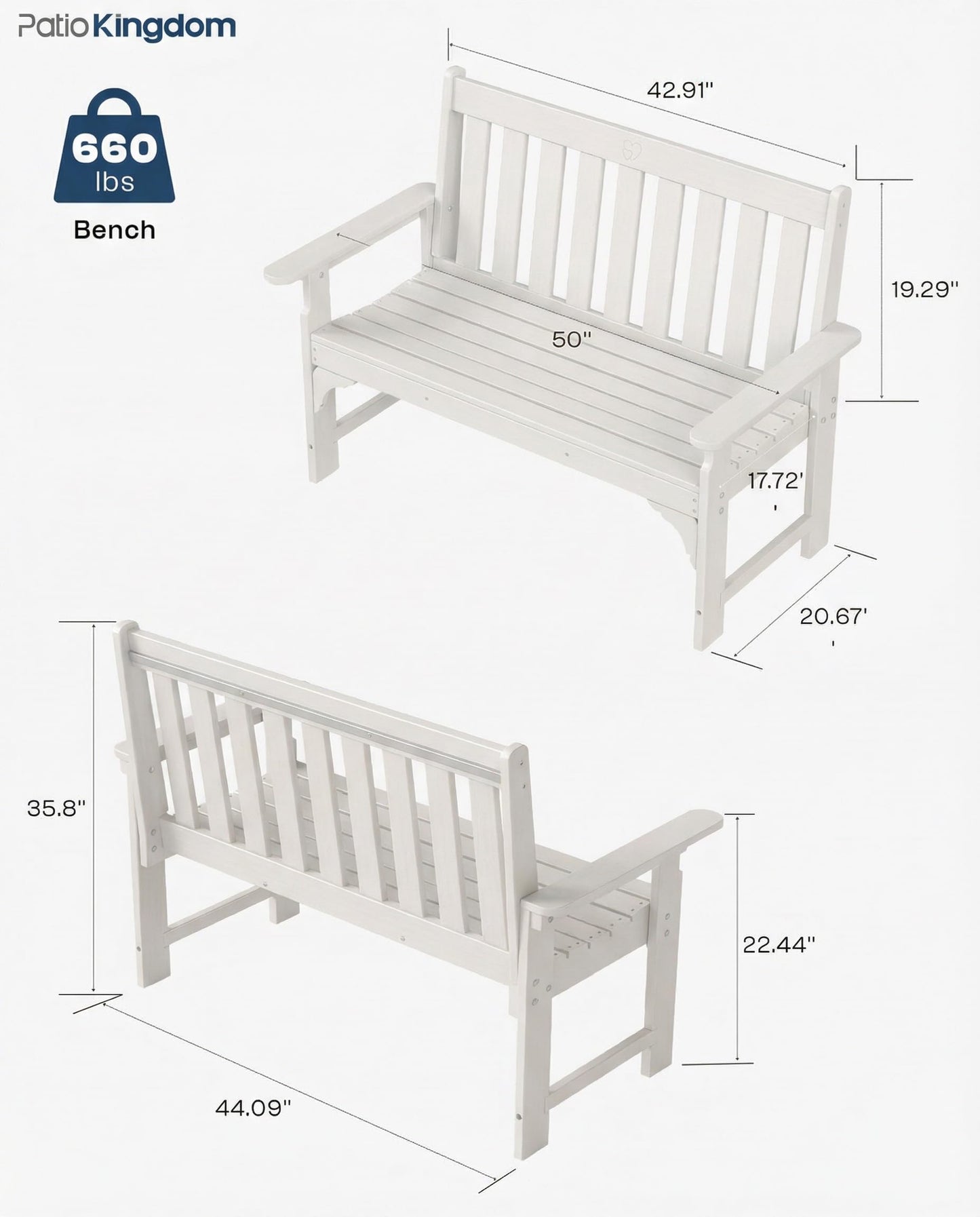 Patio Kingdom HDPE Garden Bench, All Weather 2-Person Outdoor Benches, Rust Free & Fade Resistant Patio Benches for Garden, Porch, Backyard, Deck, Lawn, Balcony, Poolside (White, 1 Beach)