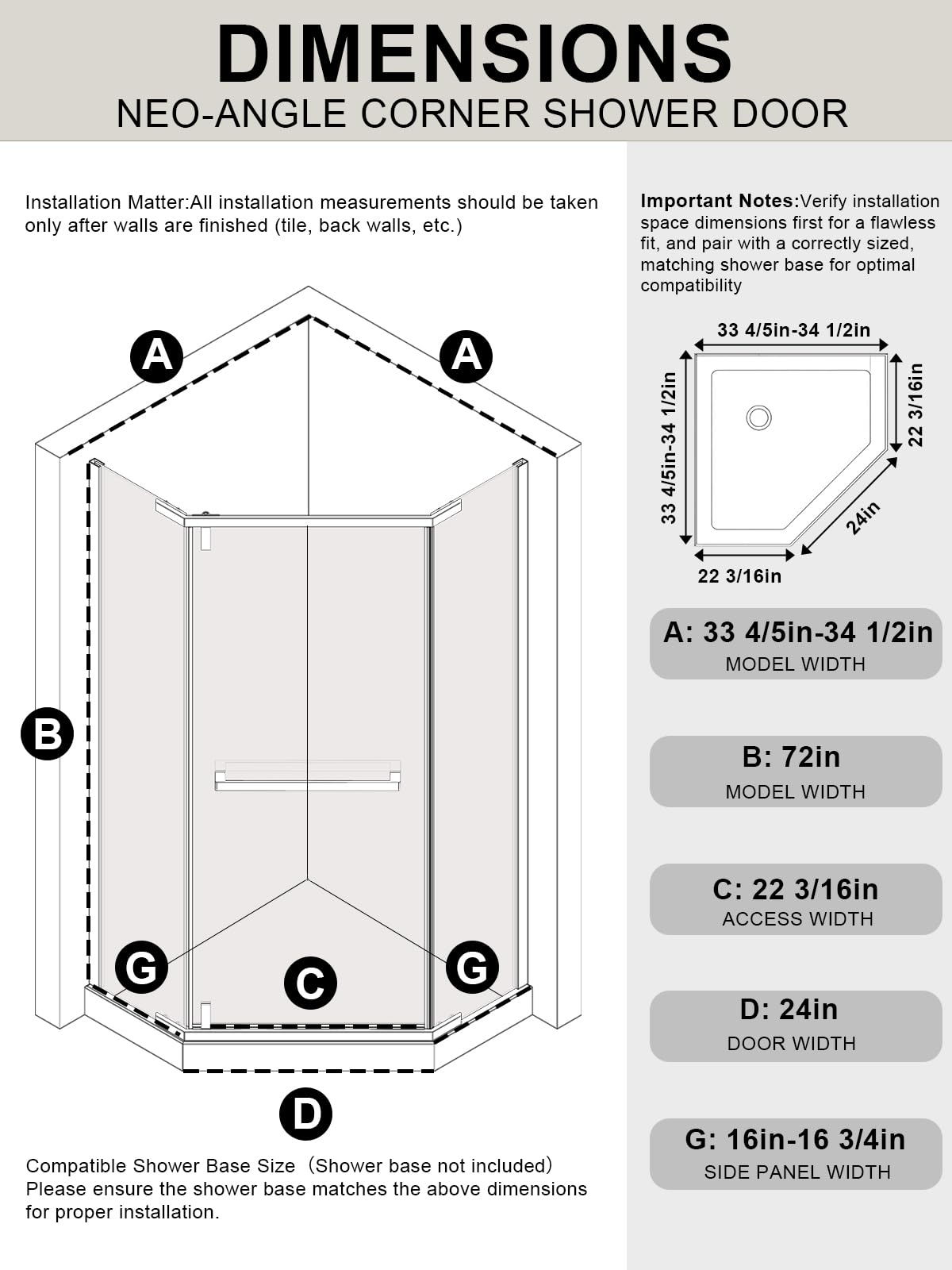 Corner Shower Door, 36" W x 72" H Neo-Angle Shower Doors, 36 Corner Shower Enclosure, Aluminum Frameless & 1/4"(6mm) Clear Tempered Glass Pivot Shower Door for Walk in Show, Matte Black