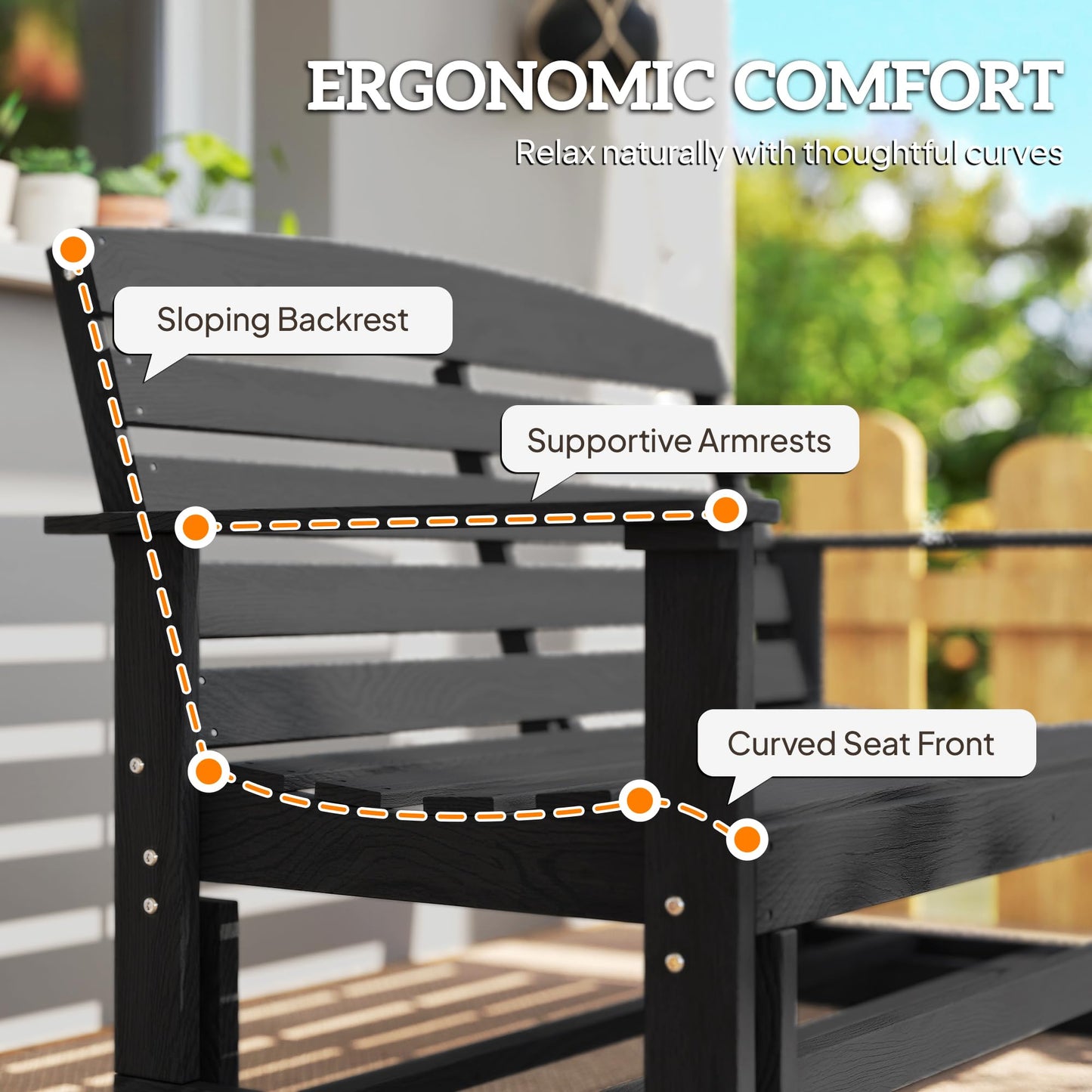 Outsunny 2-Person Outdoor Glider Bench, HDPE Weather Resistant Patio Double Swing Glider Rocking Chair Loveseat with Armrests, Slatted Seat and Backrest for Backyard Garden Porch, Distressed Black