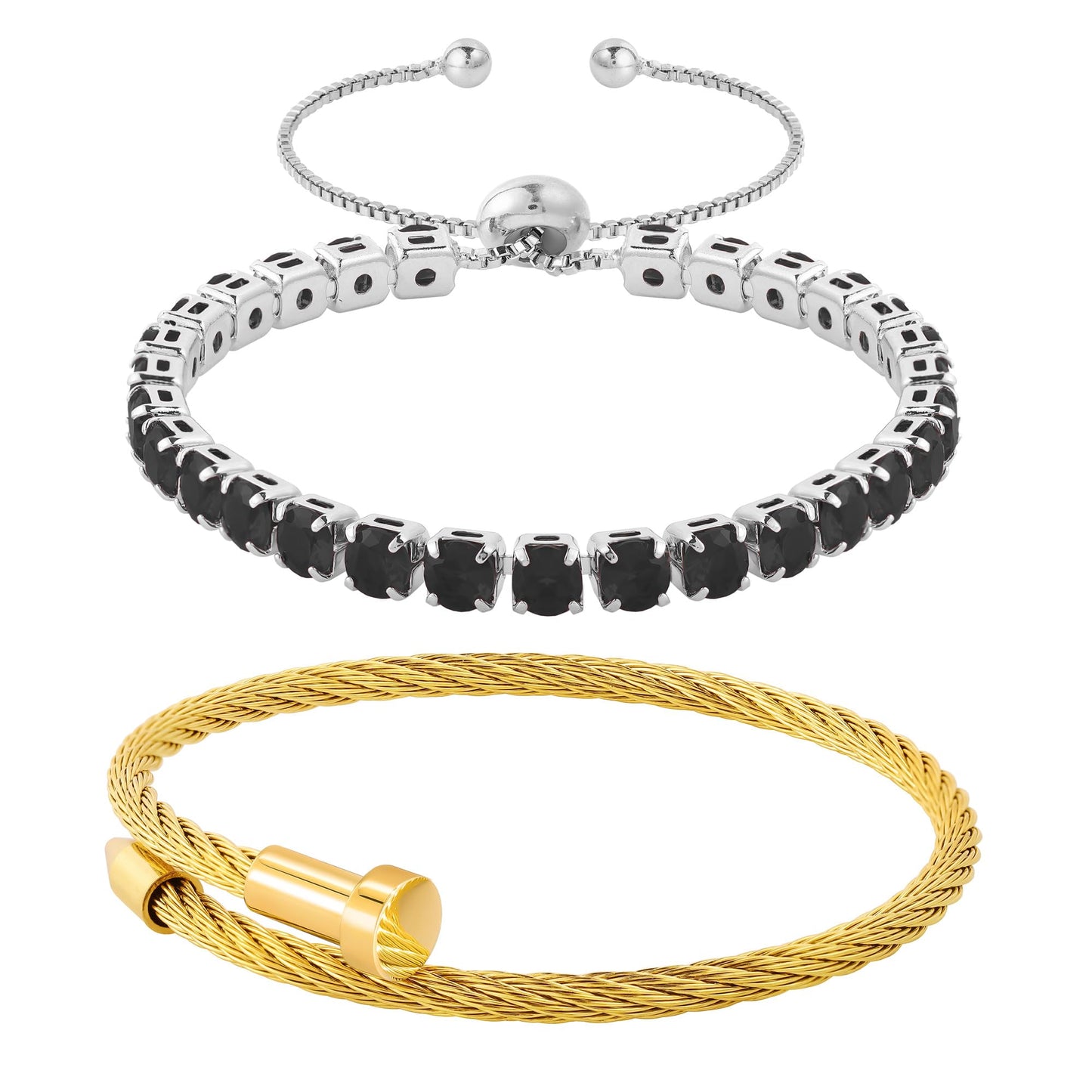 LCTrusttmor Gahna 2PCS Gold/Silver Plated Nail Bangle & Tennis Bracelet Set for Women, Stackable Black Cubic Zirconia Adjustable Bangle Jewelry, Dainty Mother’s Day Birthday Gift for Women