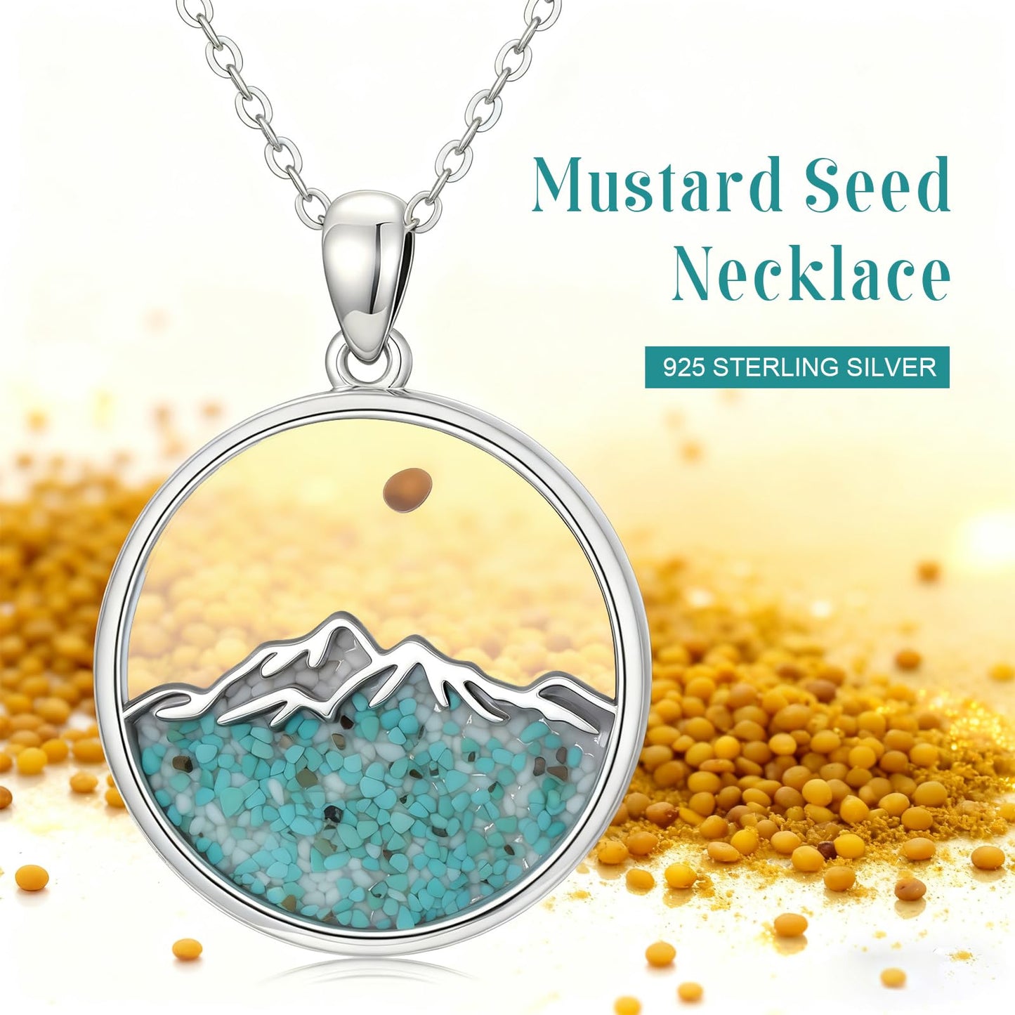 Suiknsn Mustard Seed Necklace 925 Sterling Silver Turquoise Mountain Necklace Faith Cross Pendant Christian Jewelry Hiking Gifts for Women Mom
