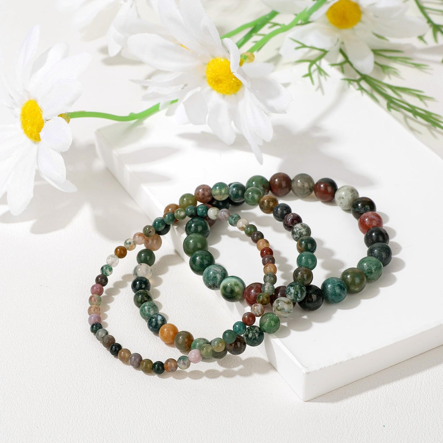 Bolinailo 3Pcs Natural Healing Crystal Bracelets for Women Men, 4mm 6mm 8mm Beaded Stretch Bracelet Set, Indian Agate Natural Stone Gemstone Jewelry Gifts for Meditation, Reiki & Yoga