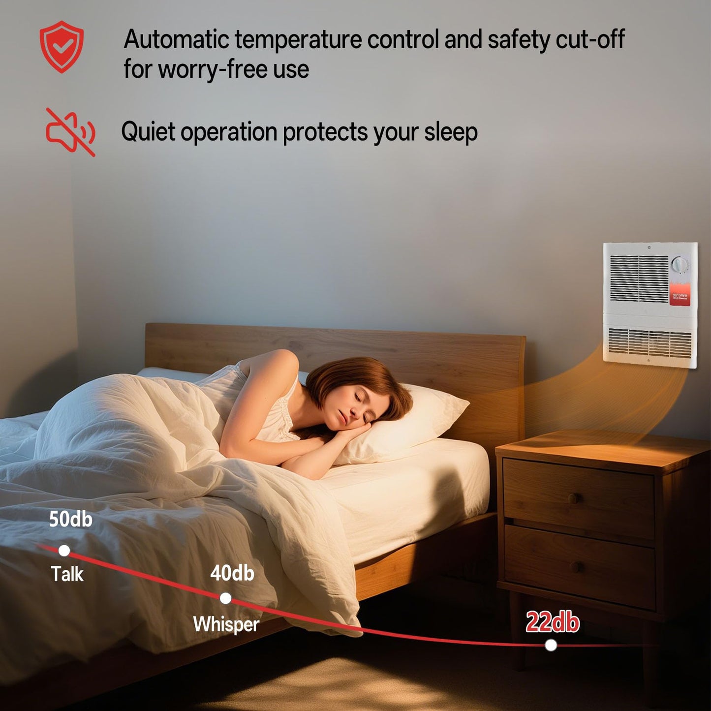 9815WH Large Capacity Electric Wall Heater, High Capacity Wall Heater with Built-In Adjustable Thermostat and Silent Motor, 1500 W, 120/240 V, Overheat Protection