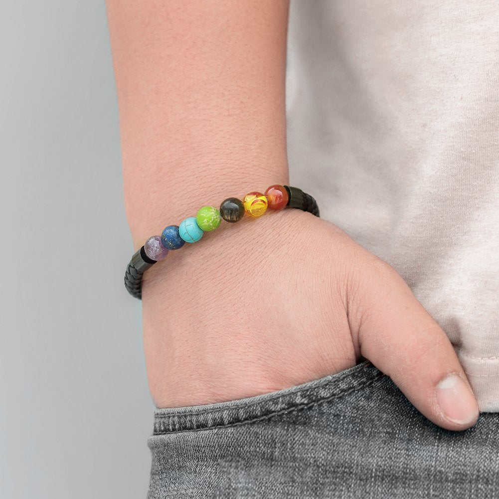 Ckysee 7 Chakra Real Stone Healing Bracelet Genuine Leather Braided with Magnetic Clasp Mens Best Gift Jewelry 8.5"