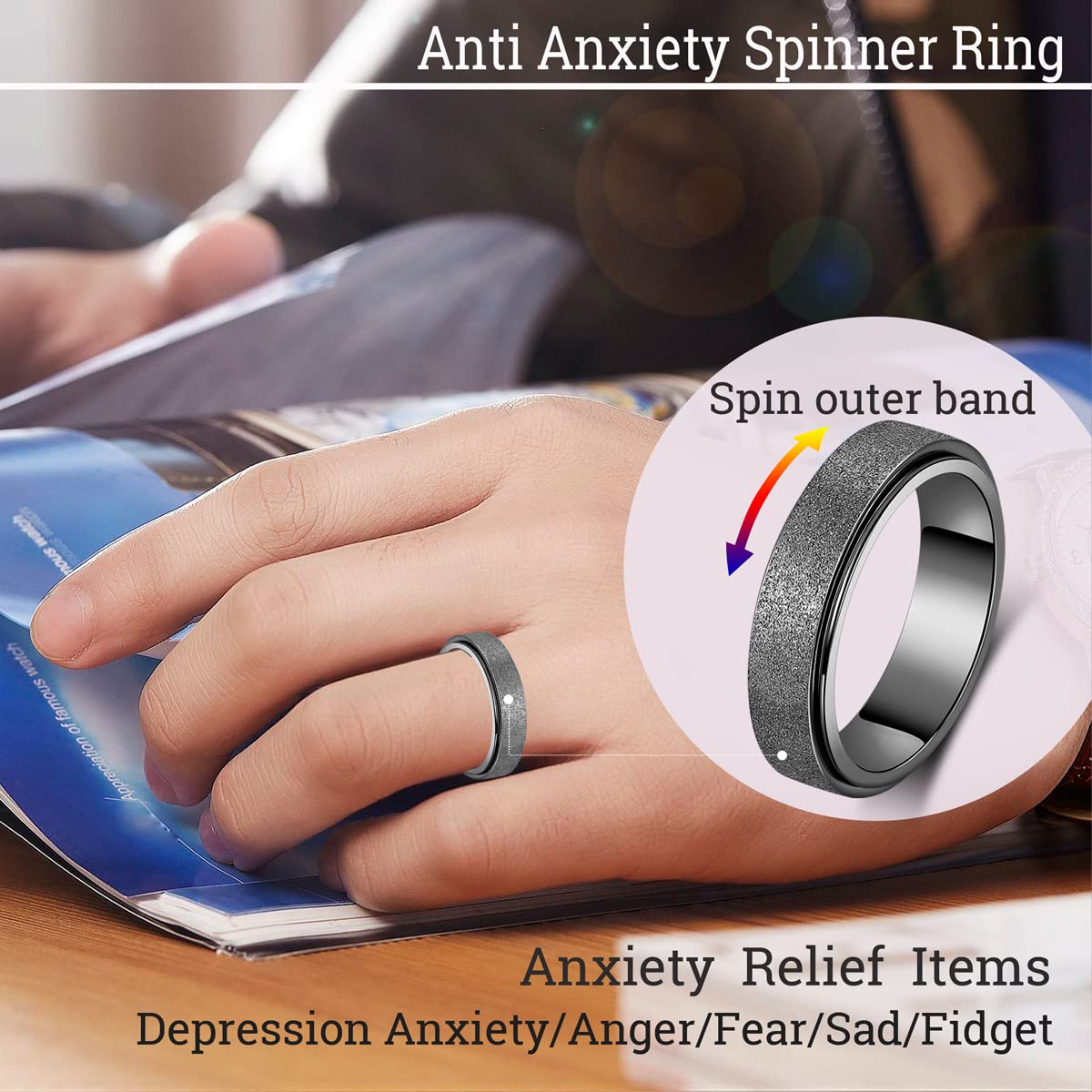 Anxiety Ring for Women Fidget Spinner Ring Fidget Toys Adults Titanium Stainless Steel Thumb Ring 6mm Wide Black Size 7