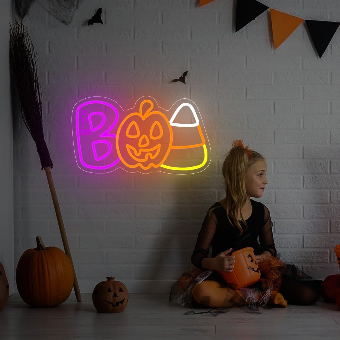 kzjspn Halloween Neon Sign for Wall Decor BOO Led Sign Dimmable Pumpkin Neon Light Up Sign for Window Candy Corn Neon Sign Bar Horror Halloween Party Man Cave Game Room