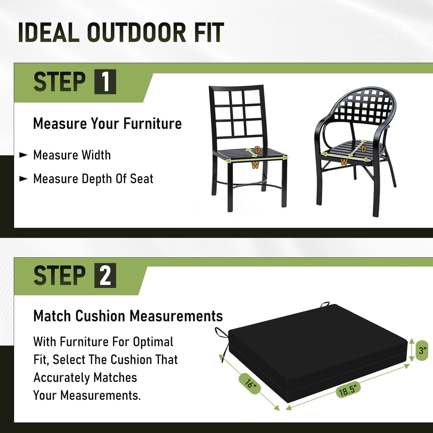 Basic Beyond Outdoor Chair Cushions Set of 6, Square Corner Outdoor Cushions for Patio Furniture, Water Resistant Patio Chair Cushions with 2 Ties, 18.5x16x3, Black
