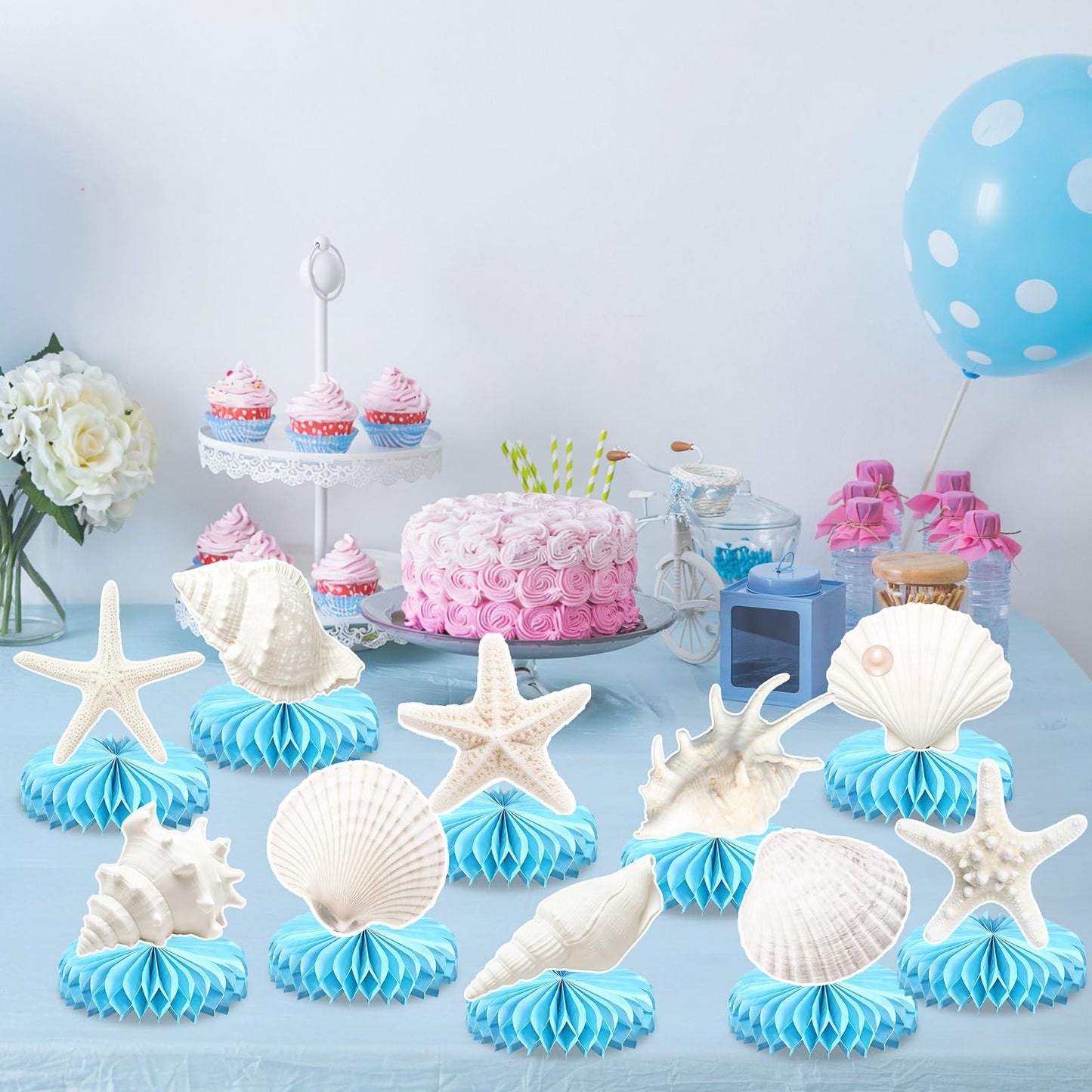 12Pcs Under the Sea Party Honeycomb Decoration Ocean Seashell Centerpieces for Table Coastal Beach Party Table Decoration Seashell Starfish Centerpieces Decor for Nautical Birthday Party Supplies