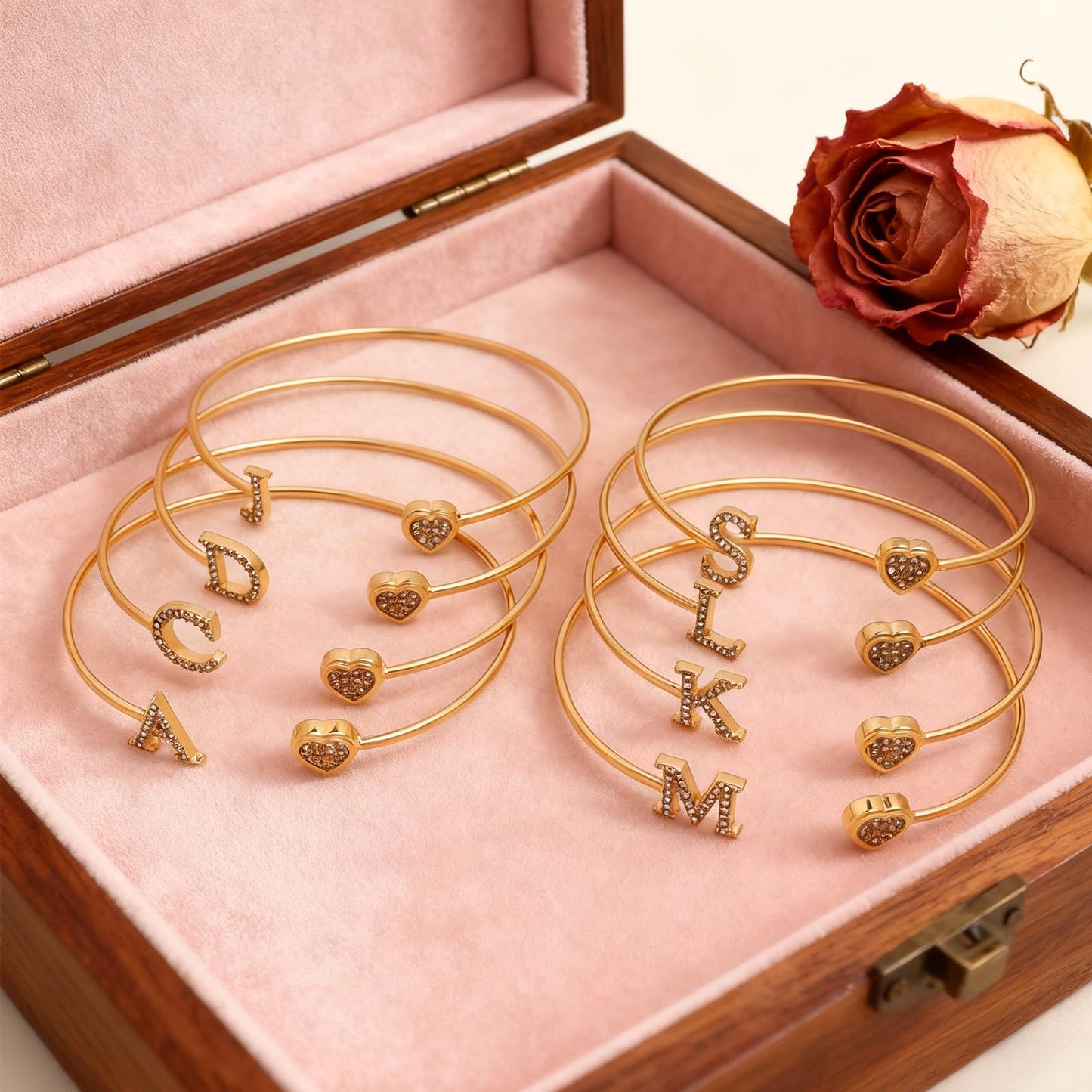 BXDA Trendy Gold Plated Heart Initial L Cuff Bangle Bracelet for Women, Handmade Statement Cubic Zirconia Stackable Open Letter Bracelets Fashion Jewelry Accessories Gift