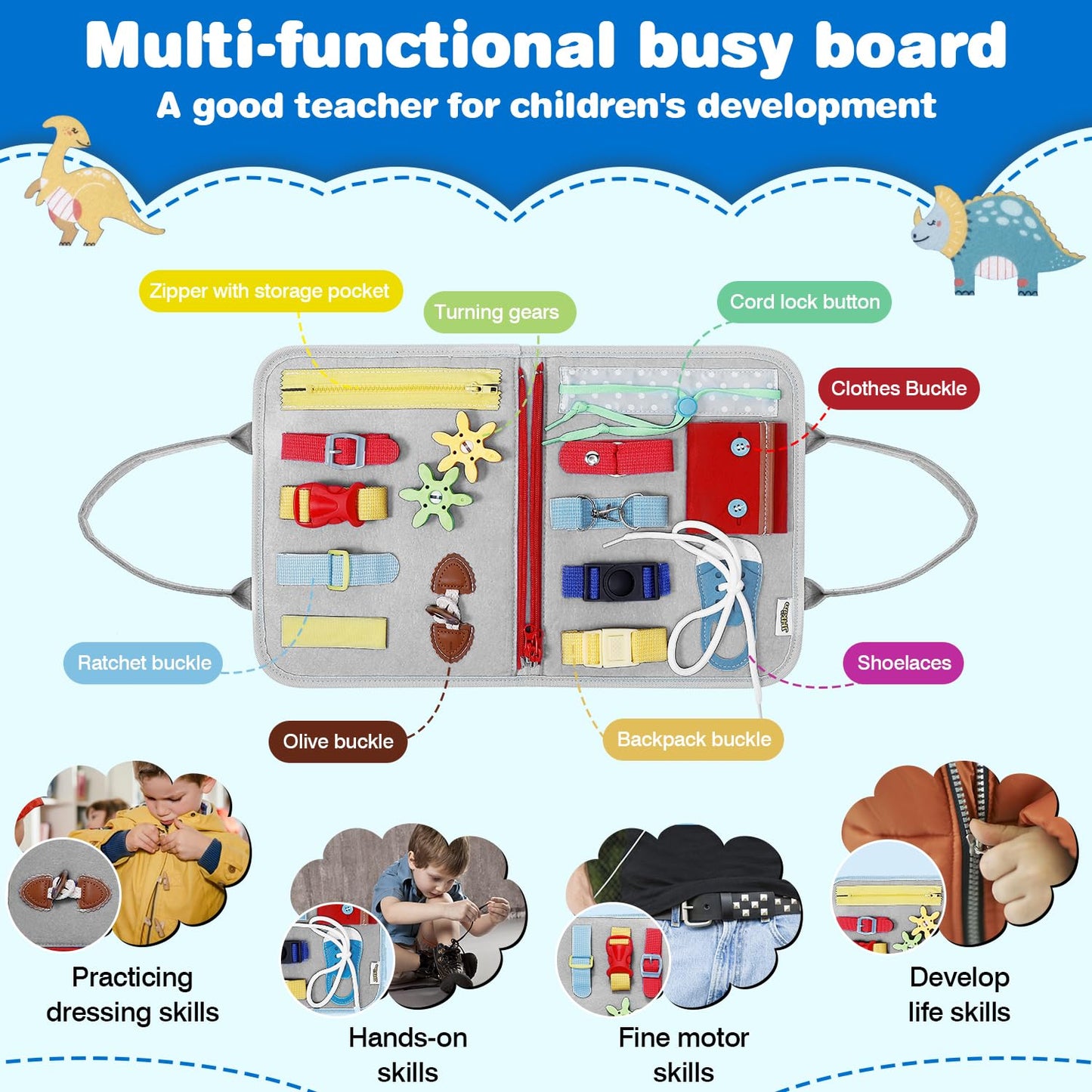 JHkim Busy Board Montessori Toys for 1 2 3 4 Year Old Boy & Girl Birthday Gifts, Autism Sensory Travel Toy for Toddlers 1-3, Educational Activity Sensory Busy Book for Learning Fine Motor Skills, Gray