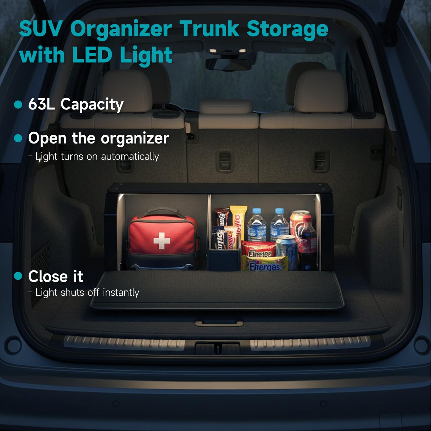 Car Trunk Organizers with LED Light, SUV Trunk Storage Box with Light, Trunk Organizer with Magnetic Lid & Sturdy Handle, Waterproof Car Storage Powered by 4 AA Batteries(Batteries Not Included)