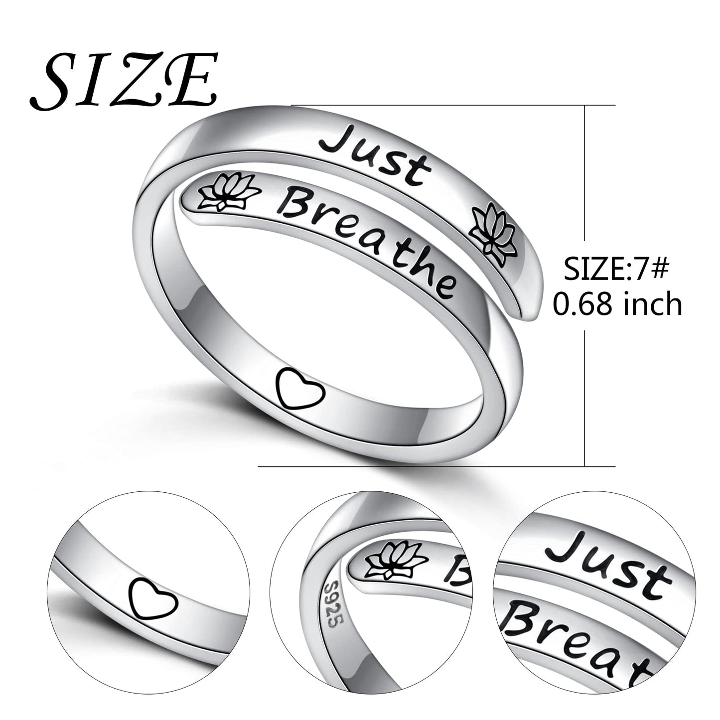 Ladytree Adjustable Inspirational Rings 925 Sterling Silver Yoga Lotus Flower Stacking Wrap Spiral Twist Statement Band Encouragement Jewelry Heartfelt Gifts for Women Yoga Lover(Just Breathe)