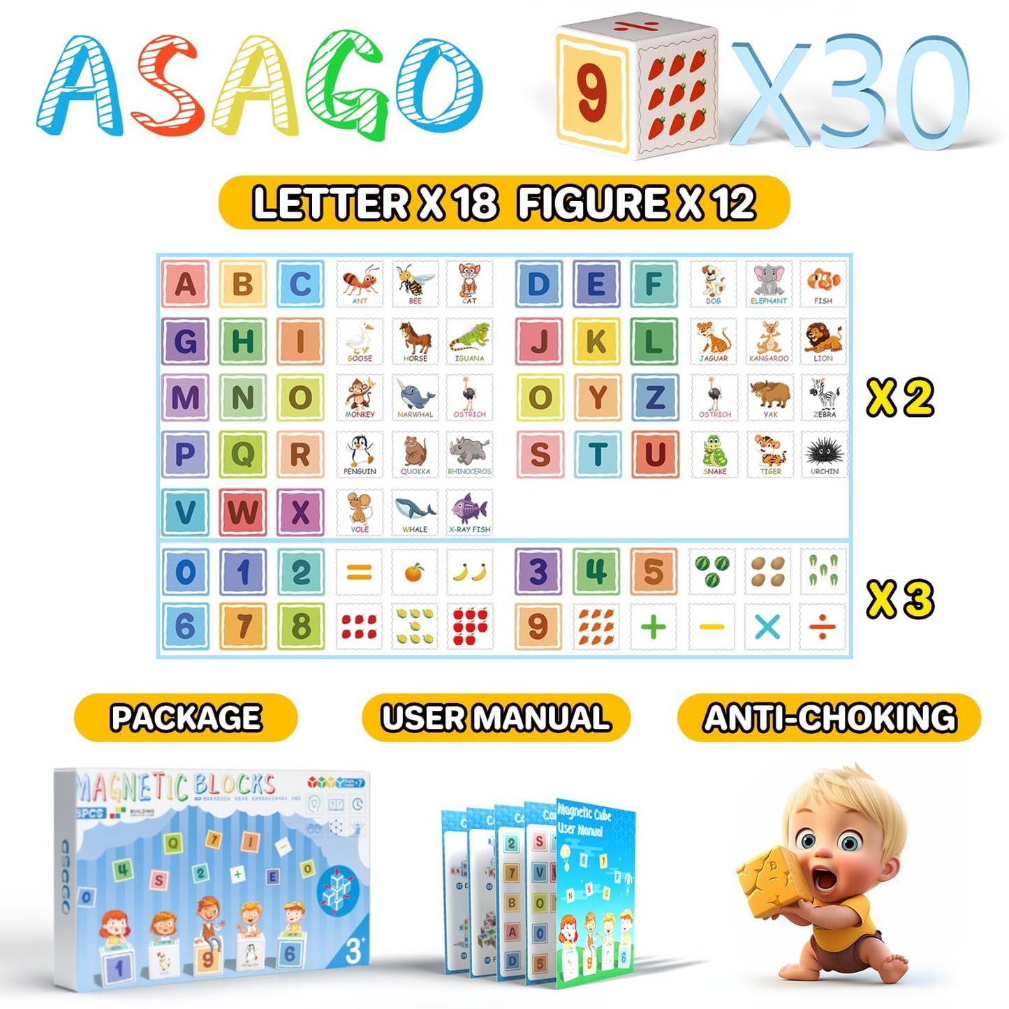 Asago Magnetic Blocks ABC 123 Alphabet Colorful Printed, Building Blocks for Toddler 1-3, Magnet Cubes Sensory Toys, Preschool Early Learning Number,Letter,Animals,Education for Kids Age 1 2 3
