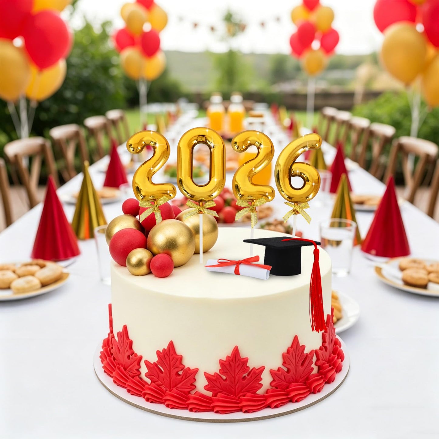 BEISHIDA Graduation Cake Toppers - 2026 Graduation Cupcake Congrats Grad Cake Decorations with Cap Diploma Balls for 2026 High School College Party Supplies(Red Gold)