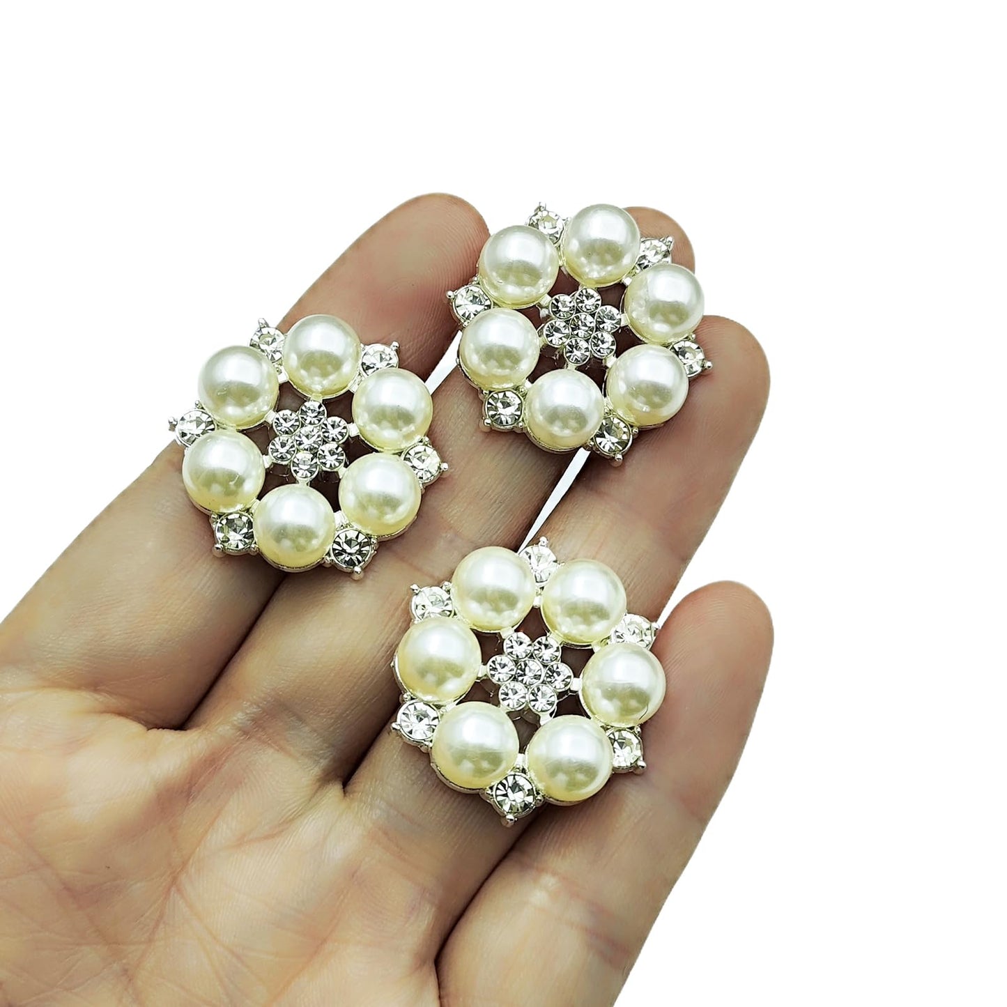 YOOGCORETT 10pcs Pearl Rhinestone Flat Back Embellishments Sew On Buttons Flower Buttons for DIY Craft, Bags Shoes Dress Decoration, 28 x 25mm, Silvery