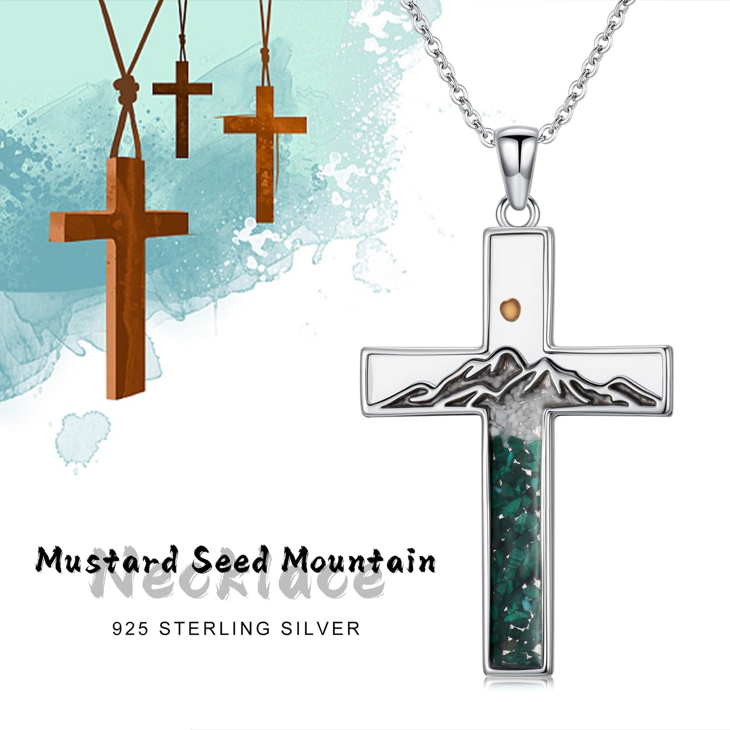 Suiknsn Mustard Seed Necklace 925 Sterling Silver Malachite Mountain Necklace Faith Cross Pendant Religious Christian Jewelry Hiking Graduation Gifts for Women Girlfriend