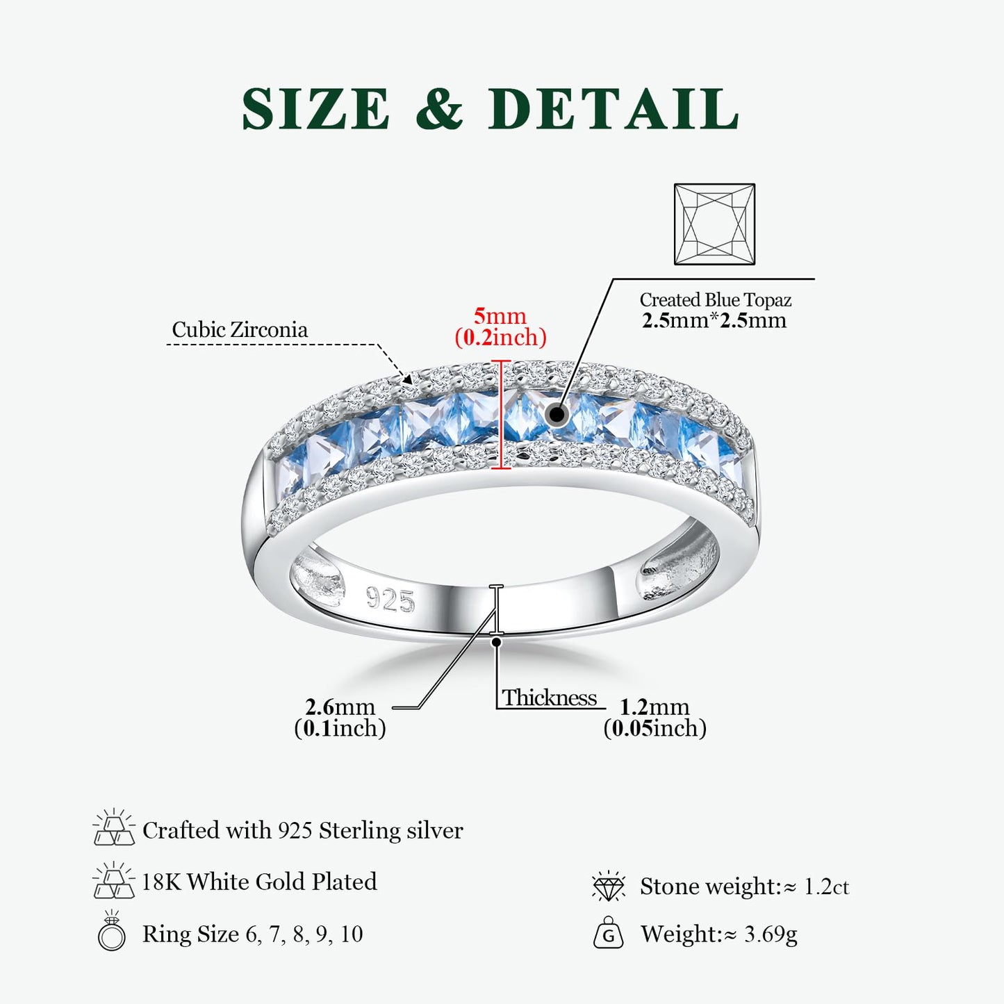 RANDES 925 Sterling Silver Blue Topaz Rings for Women December Birthstone Ring Channel Set Princess Cut Eternity Band Size 10
