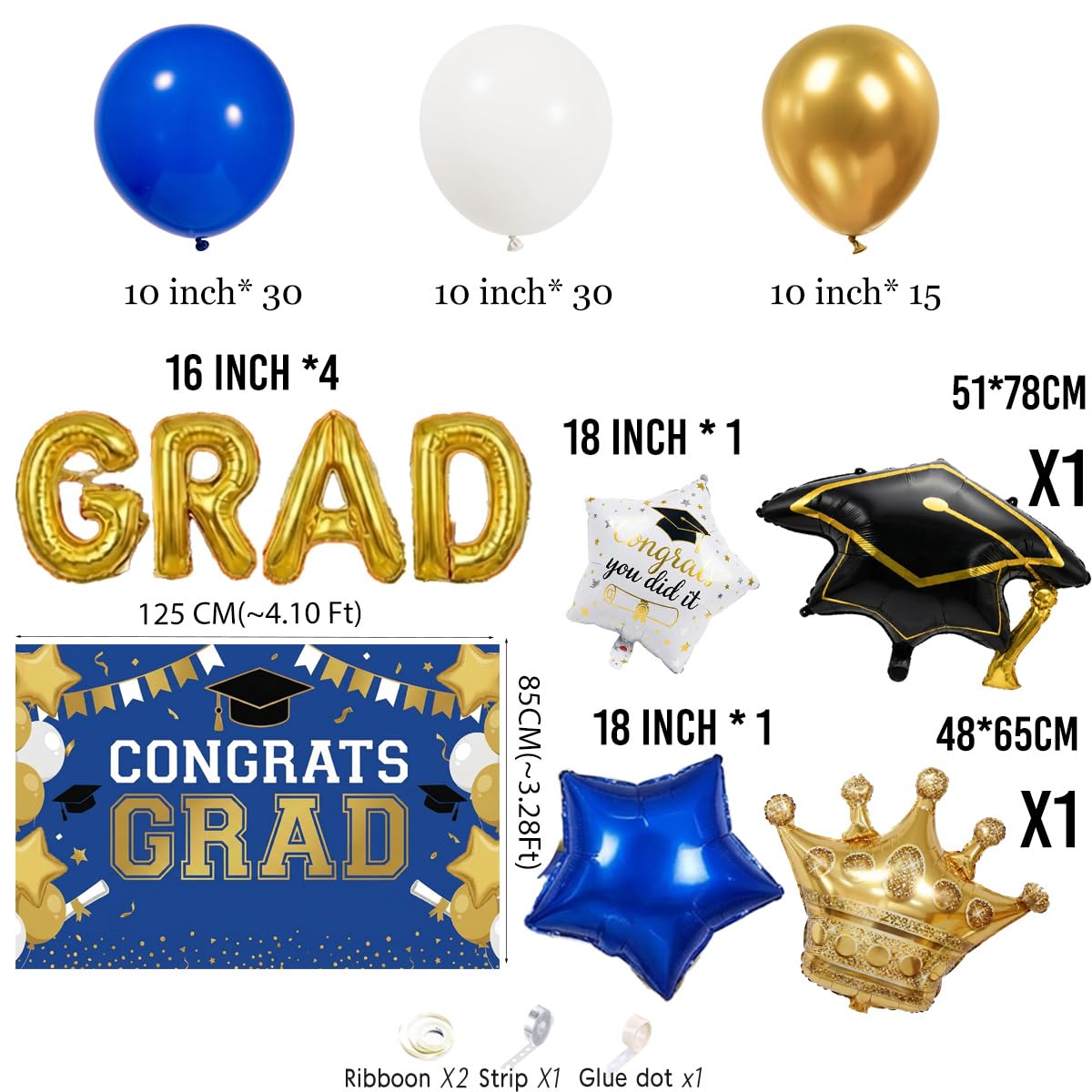 Royal blue White Gold Balloon Garland Arch Kit with backdrop Stars Graduation Cap crown GRAD Letters Mylar Balloons for 2026 graduate Prom Decorations