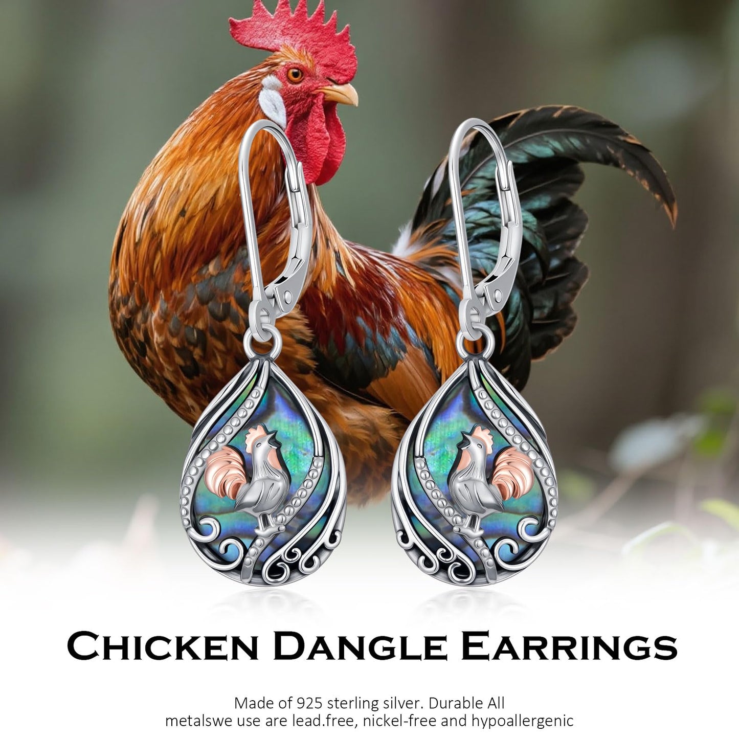 YYmqmq Chicken Earrings for Women 925 Sterling Sliver Abalone Rooster Dangle Earrings Leverback Chicken Jewelry Turkey Thanksgiving Gifts for Women Girlfriend