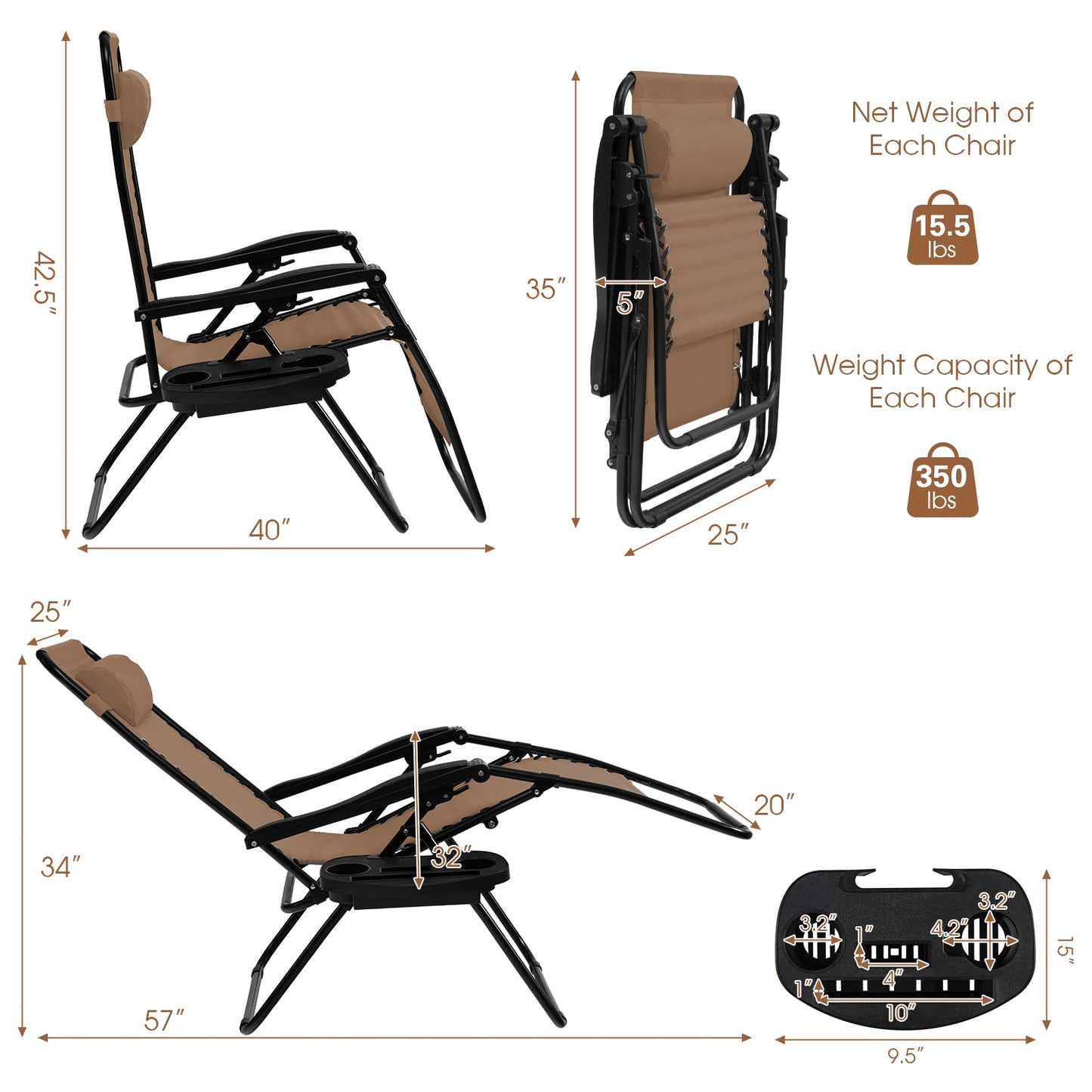 Renatone Folding Zero Gravity Reclining Textilene Lounge Chairs, Outdoor Adjustable Patio w/Pillows & Cup Holder Trays for Backyard, Beach, Poolside (BE)