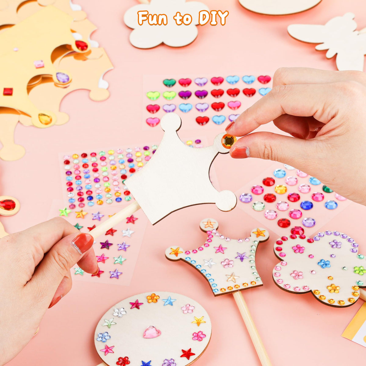 Pllieay Princess Fairy Wands Kit Include 18 Pieces 6 Styles Unfinished Wooden Princess Wand,Gold Paper Crowns, Gem Stickers, Letter and Number Stickers, Princess Art Magical Show for Party Supplies