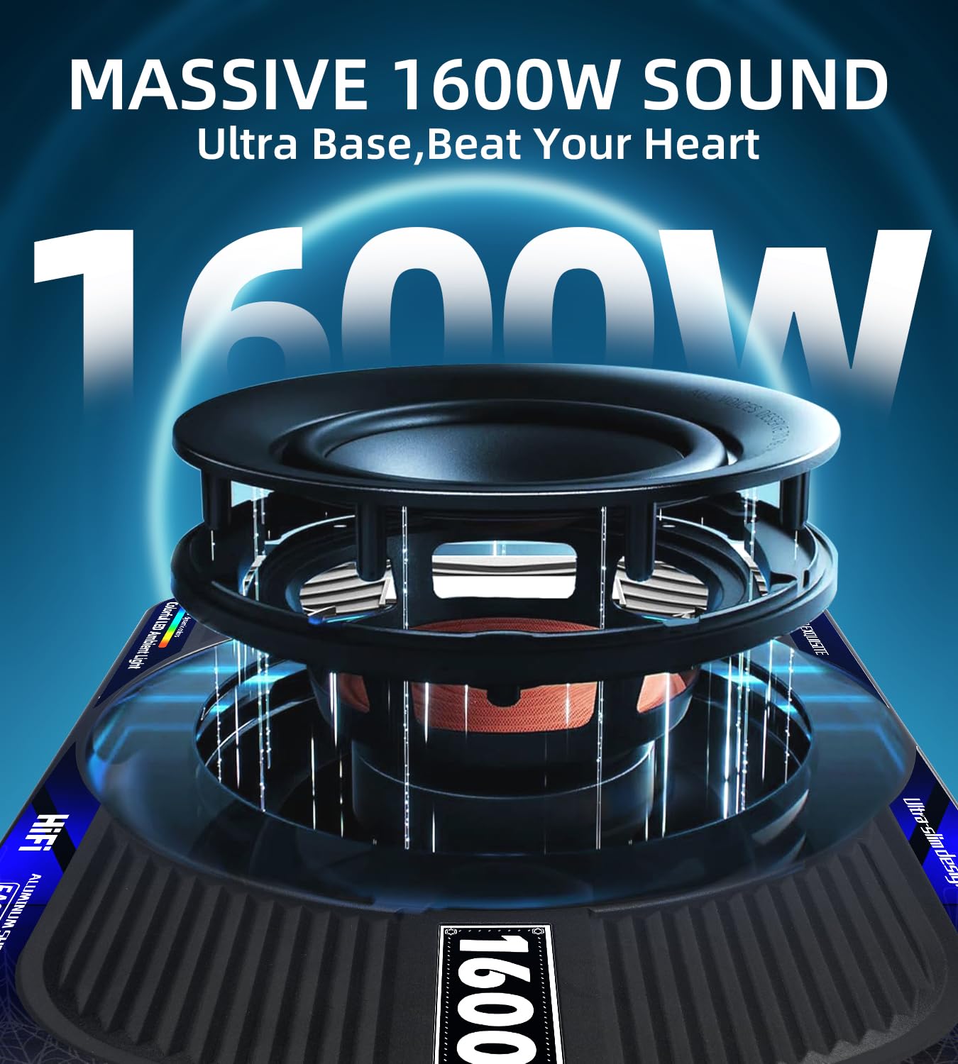 TZGBASS 2026 Upgraded 1600W Slim Underseat Car Subwoofer and Amp Package with RGB Beat-Synced Light, Built-in Class D Amplifier, Low Pass/Gain/Bass Boost Control, Deep Subsonic Bass for Truck SUV Jeep