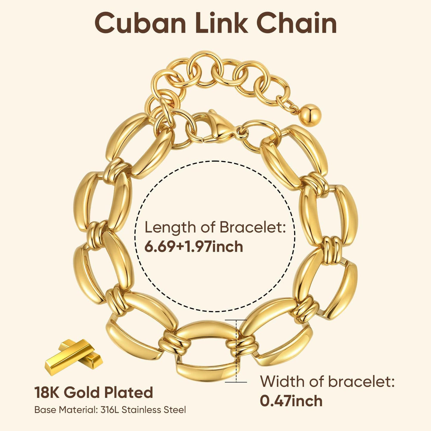 Chunky Gold Bracelets for Women - 18K Gold Plated Cuban Link Bracelet, Stainless Steel Non-tarnish Personality Thick Chain Trendy Jewelry Gift, Christmas Valentines Prom Birthday Gift for Girlfriend