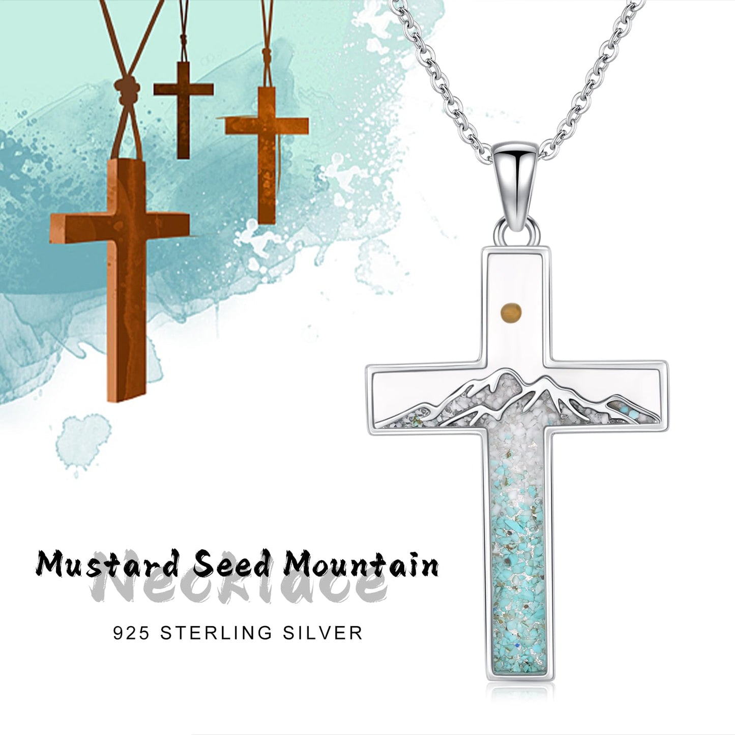 Suiknsn Mustard Seed Necklace 925 Sterling Silver Turquoise Mountain Necklace Faith Cross Pendant Christian Jewelry Hiking Mother's Day Gifts for Women Mom